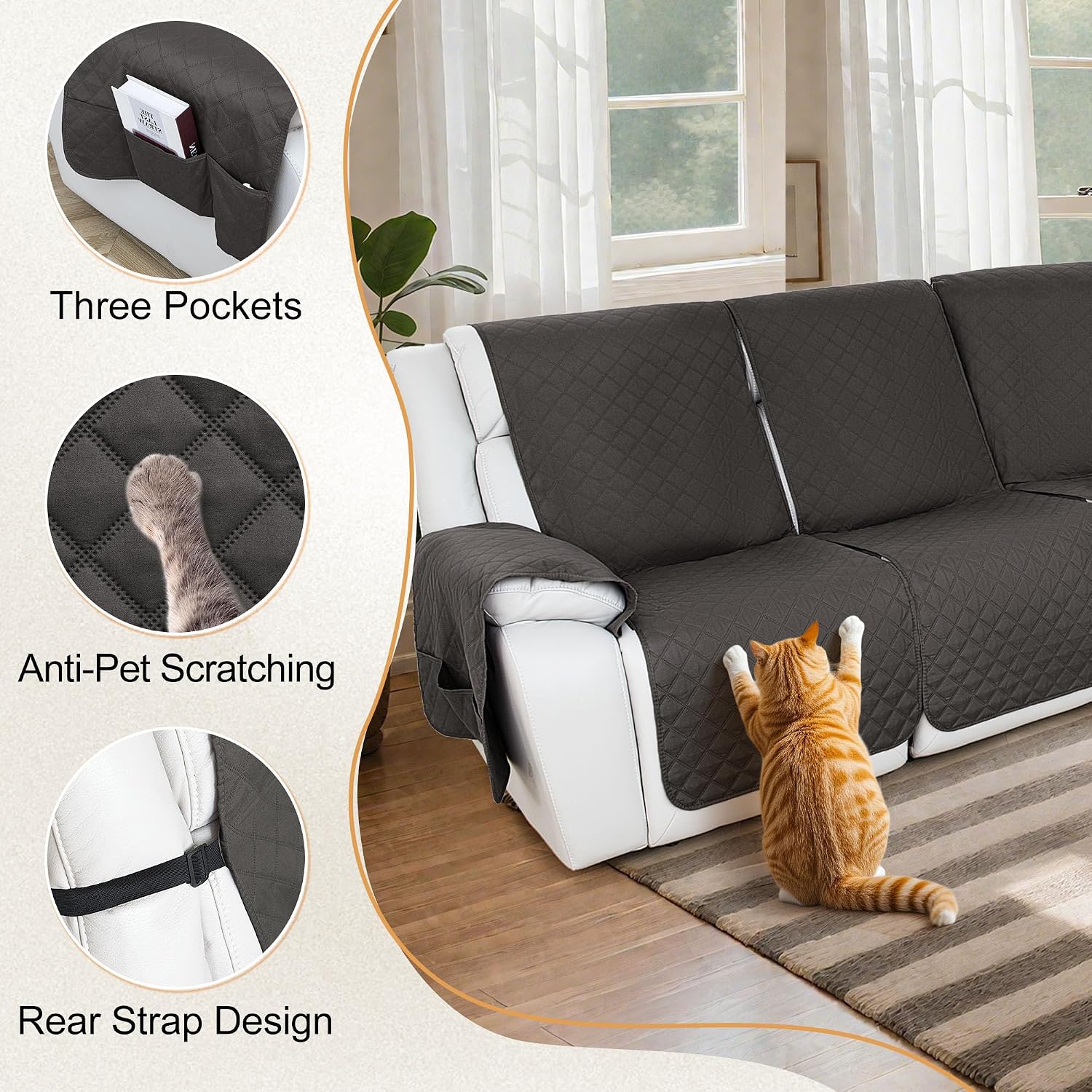HDCAXKJ 100% Waterproof Reclining Sectional Couch Covers L Shape Recliner Sofa Cover Washable Quilted Soft Pet Dog Corner Recliner Slipcovers with Pockets (5 Seat and 1 Middle Console, Charcoal Gray)