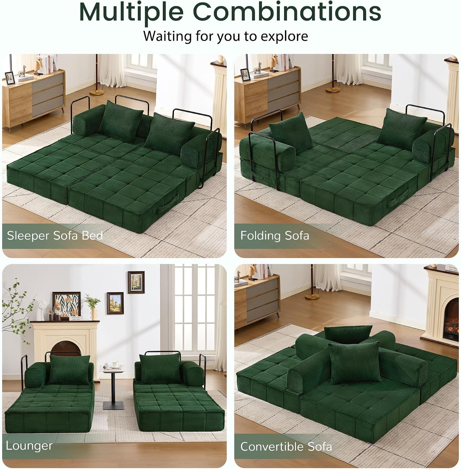 Korser Folding Convertible Sofa Bed, Corduroy Upholstered Boneless Couch, Small Sectional Cloud Couch, Loveseat Sleeper Sofa, Modular Futon Floor Sofa Couch for Living Room, No Assembly