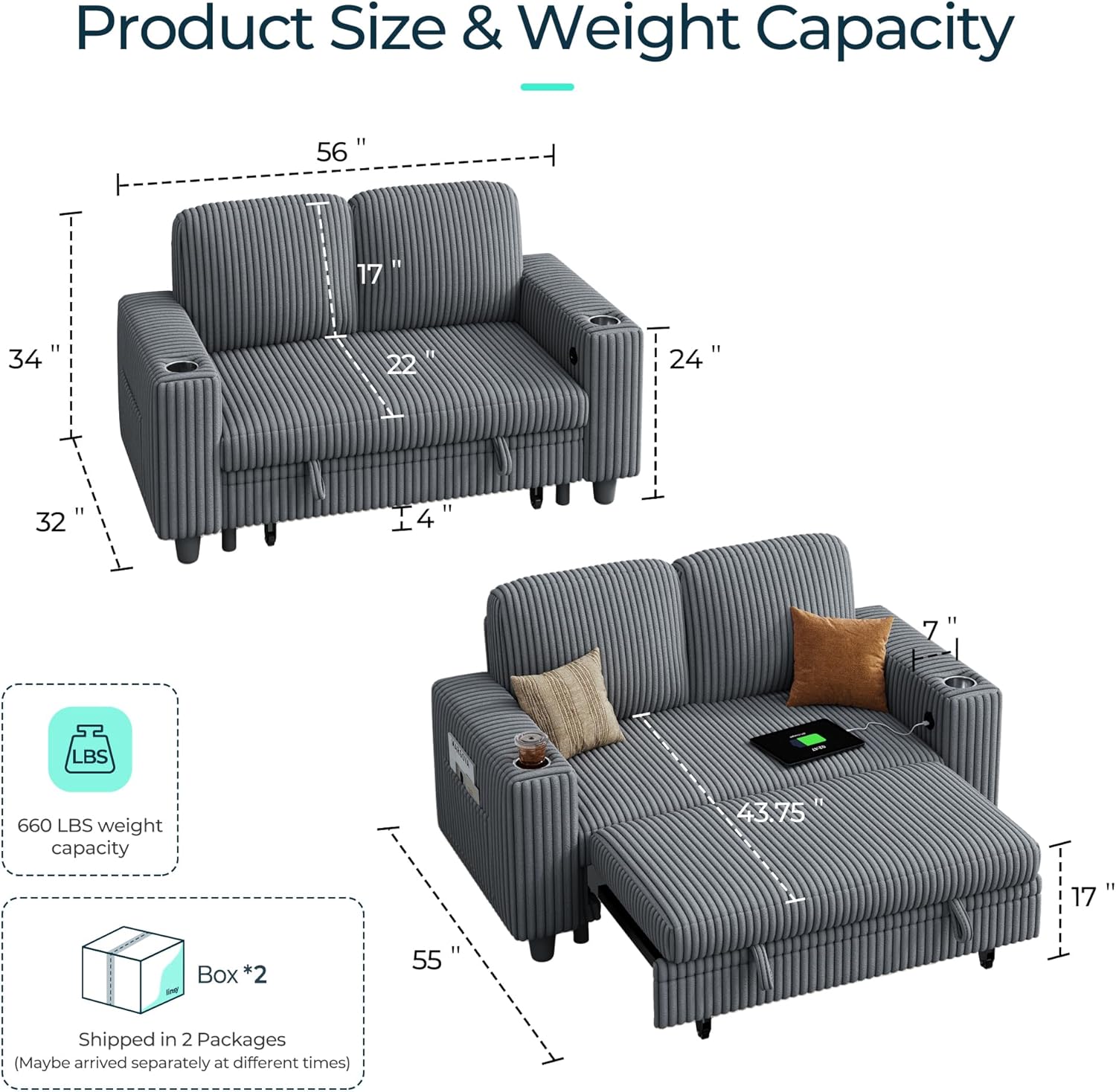 LINSY HOME Pull Out Loveseat Sofa Sectional Sleeper Sofa, Plush Corduroy Love Seat Couch Pullout Modular Sectional Couches for Living Room Apartment Bedroom (Grey)