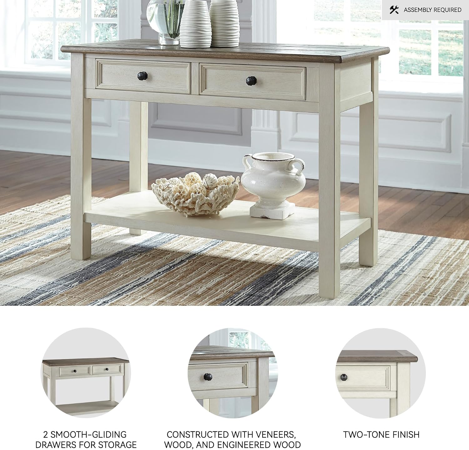Signature Design by Ashley Bolanburg Sofa Table, Two‑Tone Wood Console With Drawers, Antique Finish With Metal Hardware, Ideal for Entryway or Living Room Display, Antique White