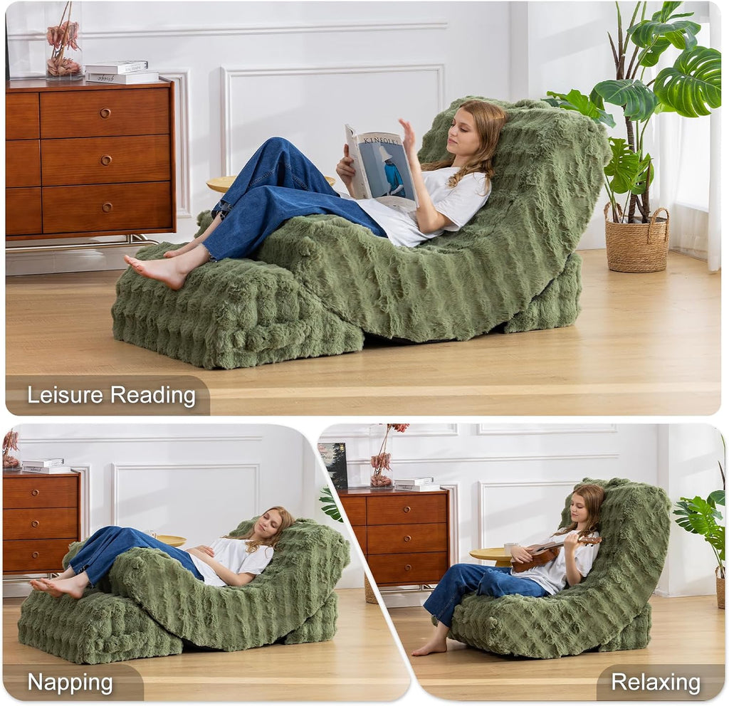 3-in-1 Adjustable Zero Gravity Floor Chair, Oversized Faux Fur Boneless Chair for Adults with Memory Foam & Washable Cover, Silent Rocker Recliner Lounge Chair for Reading, Nursing, Gaming, Green