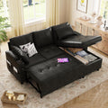 Esright Sleeper Sofa Bed, 3-in-1 Pull Out Couch with Reversible Chaise, Leather Sleeper Sofa with Storage, USB, Cup Holder, Pullout Sectional Couches for Apartment Living Room, Black | Hidden Storage Space