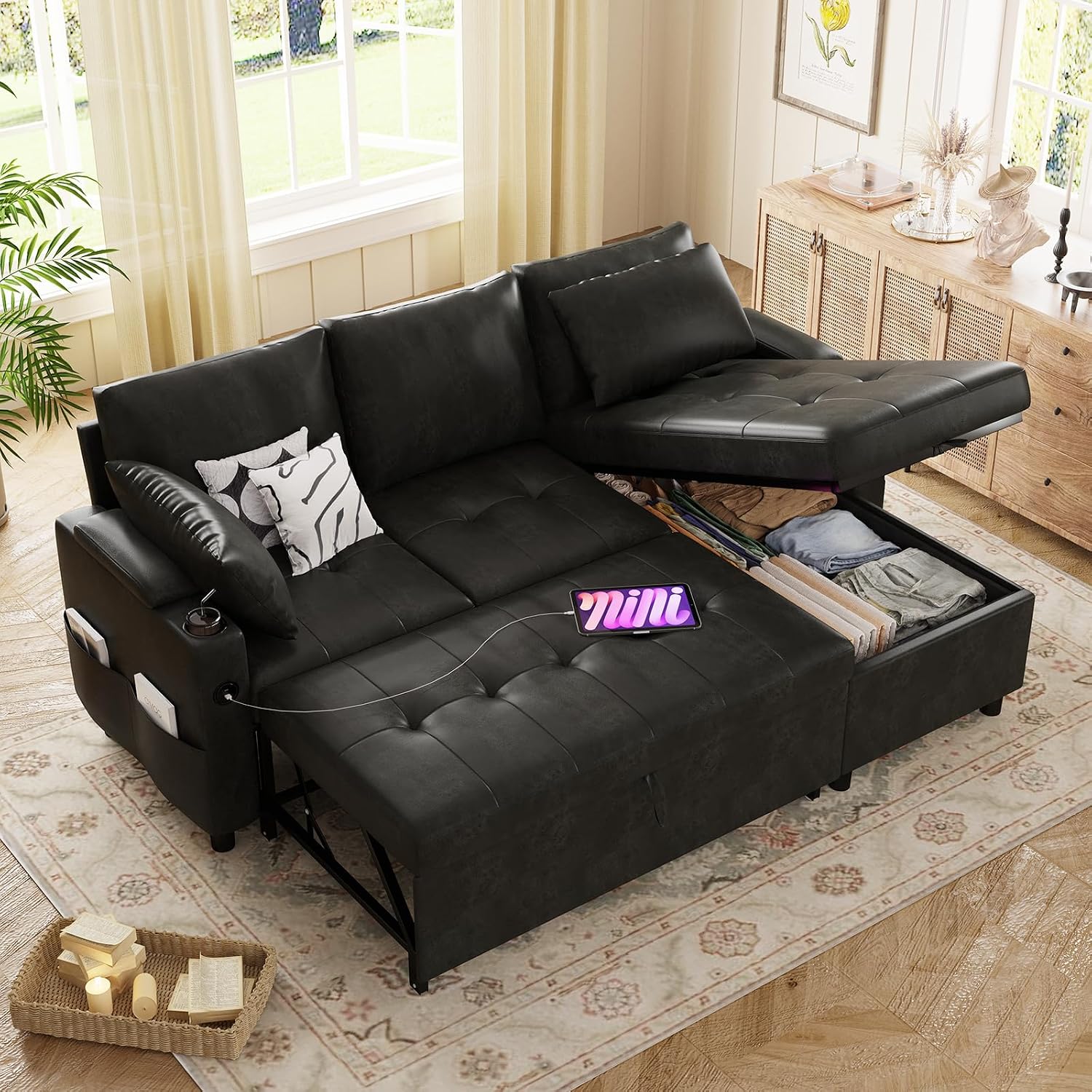 Esright Sleeper Sofa Bed, 3-in-1 Pull Out Couch with Reversible Chaise, Leather Sleeper Sofa with Storage, USB, Cup Holder, Pullout Sectional Couches for Apartment Living Room, Black | Hidden Storage Space