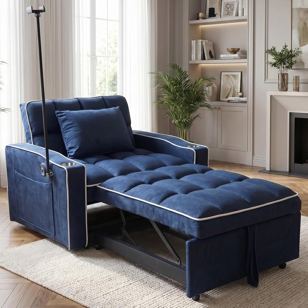 Majnesvon Modern Velvet Fabric Sofa Bed Futon,3 in 1 Convertible Pullout Bed Couches with 3 Reclining Backrests,Phone Stand,Small Sofa Single Sleeper Chair Bed for Living Room Bedroom (Blue)