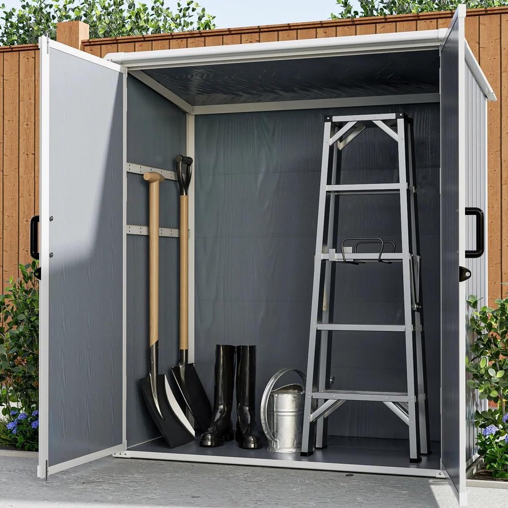 5x3 Resin Outdoor Storage Shed with Floor, Vertical Plastic Storage Cabinet with Lockable Doors, All-Weather Garden Tool Shed for Bikes and Patio Furniture (Grey)