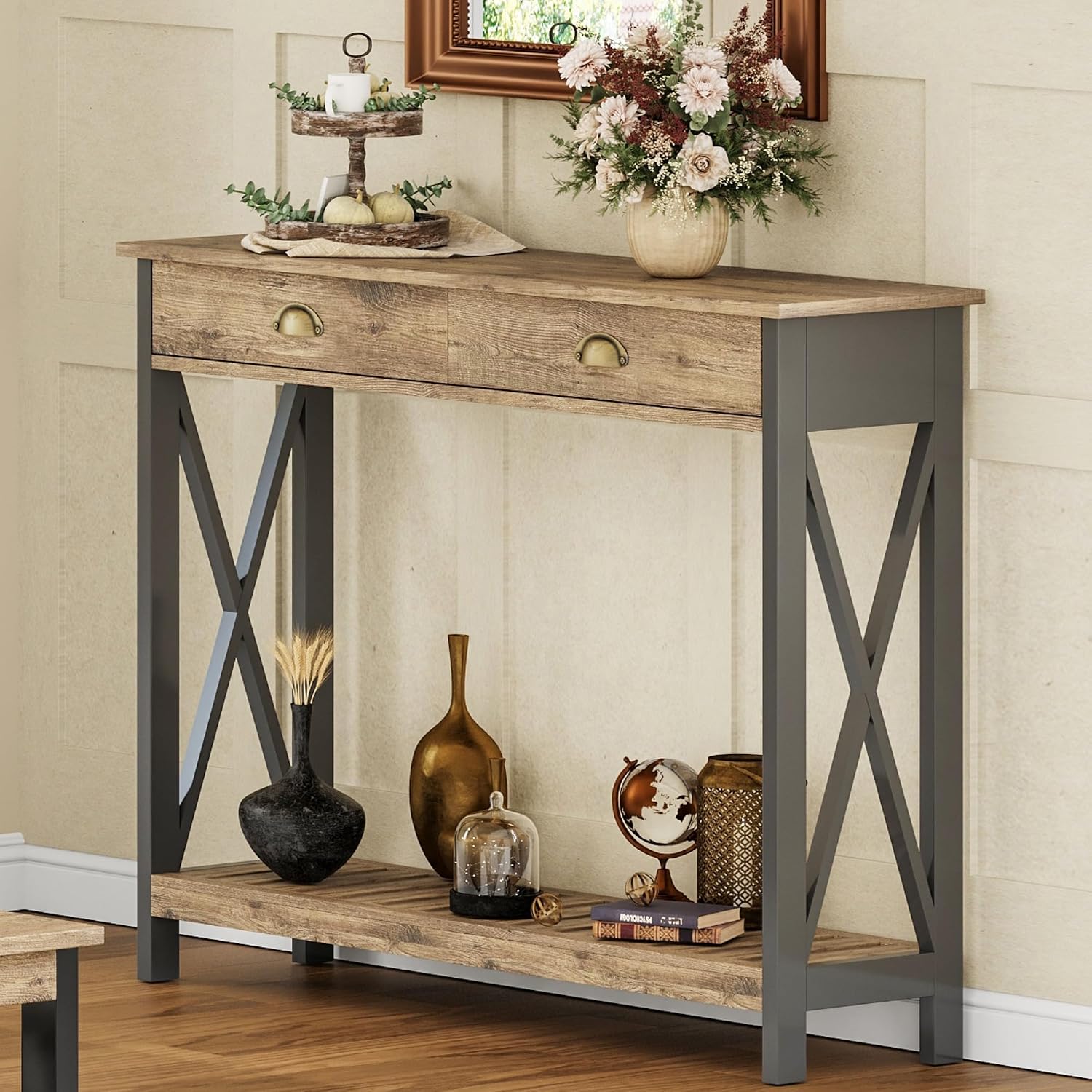 ChooChoo 47' Farmhouse Console Table with Drawer for Entryway, Narrow Long Entry Table with Shelf for Living Room, Rustic Vintage Hallway Sofa Table with Stable X Supports, Rustic Oak & Black