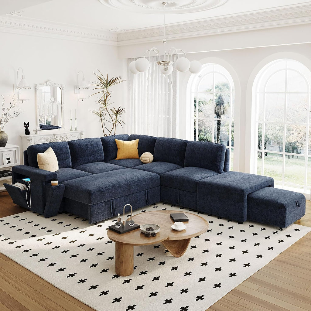 LUMISOL 90' Convertible Sleeper Sofa Bed with Pull-Out Bed & Ottoman, L-Shaped Sectional Sofa Bed with USB Ports, Cup Holders & Storage, Corner Sofa Couch with Storage Chaise for Living Room, Blue