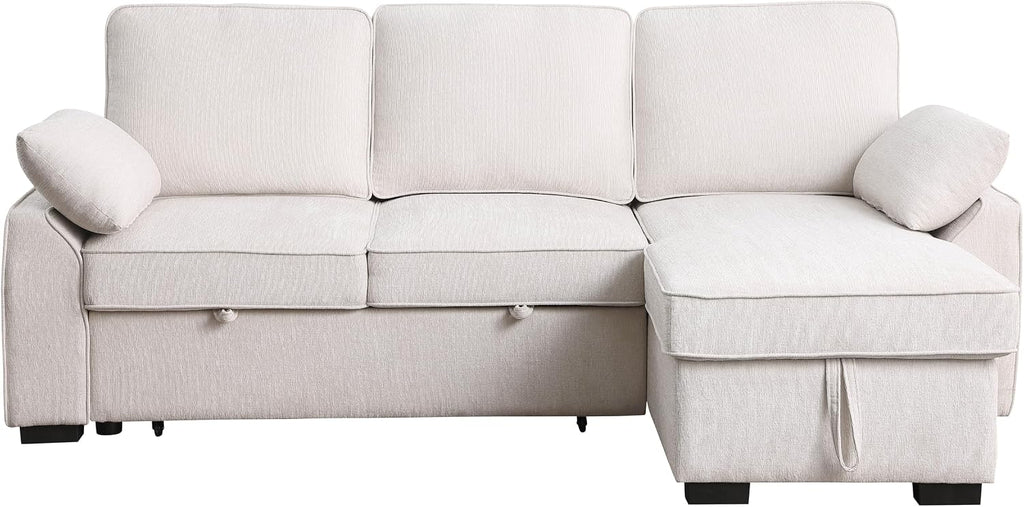 ERYE L-Shaped Pull Out Sleeper Couch Bed, Modern Chenille Upholstered Button Tufted Corner Couch Reversible Sectional Sleeper Sofa Bed W/Storage Chaise, Cup Holders