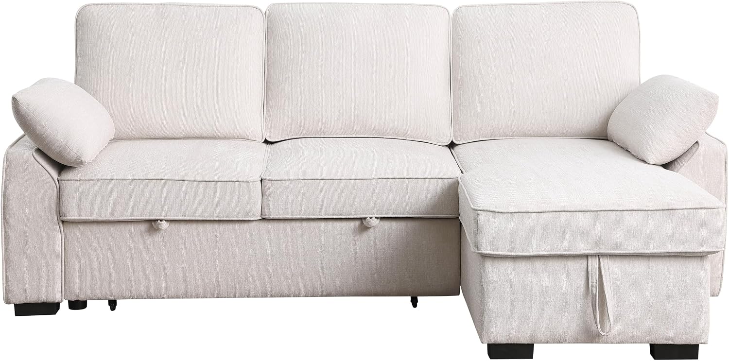 ERYE L-Shaped Pull Out Sleeper Couch Bed, Modern Chenille Upholstered Button Tufted Corner Couch Reversible Sectional Sleeper Sofa Bed W/Storage Chaise, Cup Holders