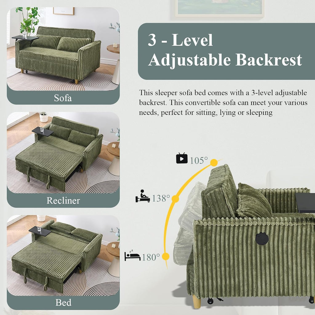 54'W Convertible Sleeper Sofa Bed,3-In-1 Corduroy Pull Out Couch Bed,Futon Loveseat Sleeper Couch with Adjustable Backrest & USB Ports & Side Table,Recliner for Living Room/Office/Small Space(Green)