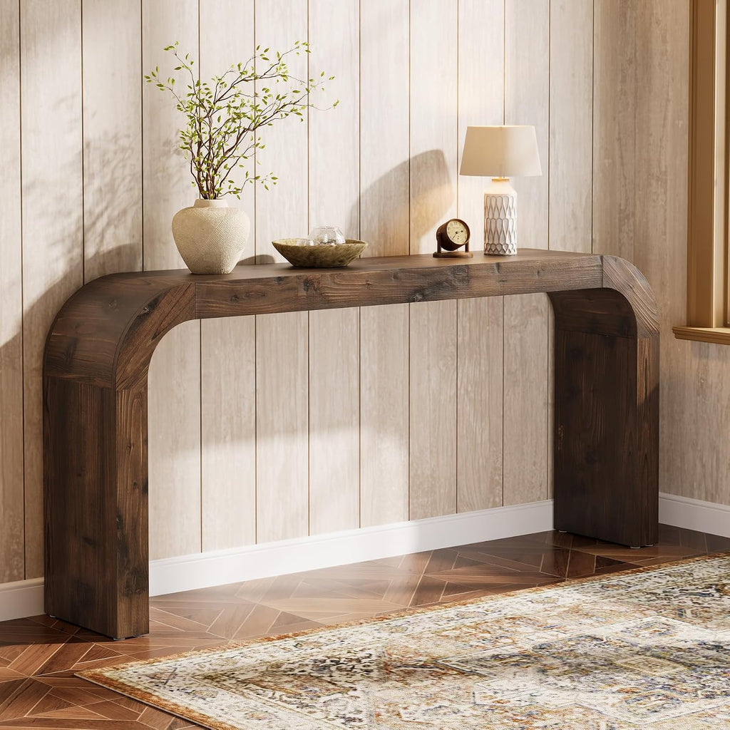 Solid Wood Console Table, 70.87-Inch Farmhouse Sofa Table with Waterfall Curved Corners for Hallway, Living Room, Behind Couch, Entrance (Dark Brown)