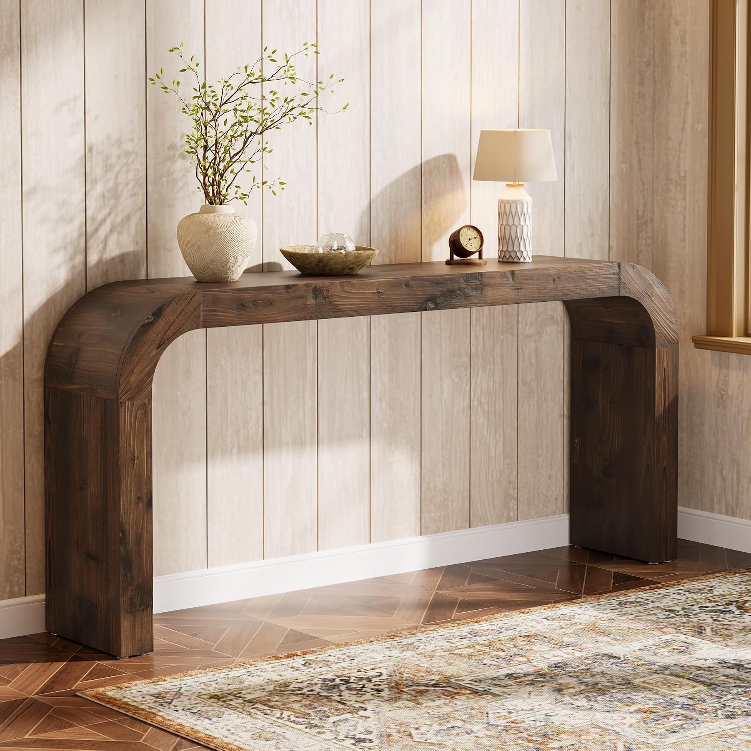 Solid Wood Console Table, 70.87-Inch Farmhouse Sofa Table with Waterfall Curved Corners for Hallway, Living Room, Behind Couch, Entrance (Dark Brown)