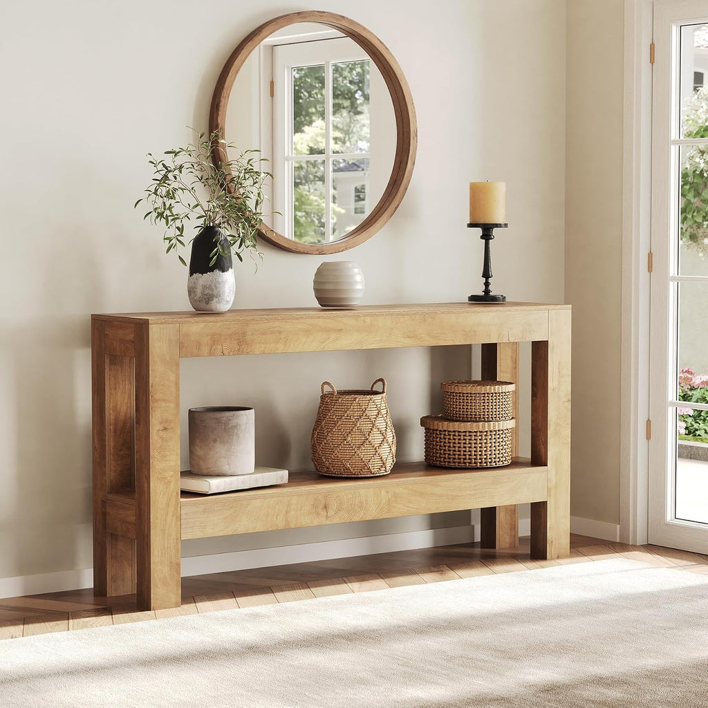 LITTLE TREE 63-Inch Long Console Table for Living Room, Farmhouse Wood Entryway Table for Sofa, Entry, Hallway, Entrance, Foyer, Behind Couch with 2-Tier Narrow Shelf, Oak