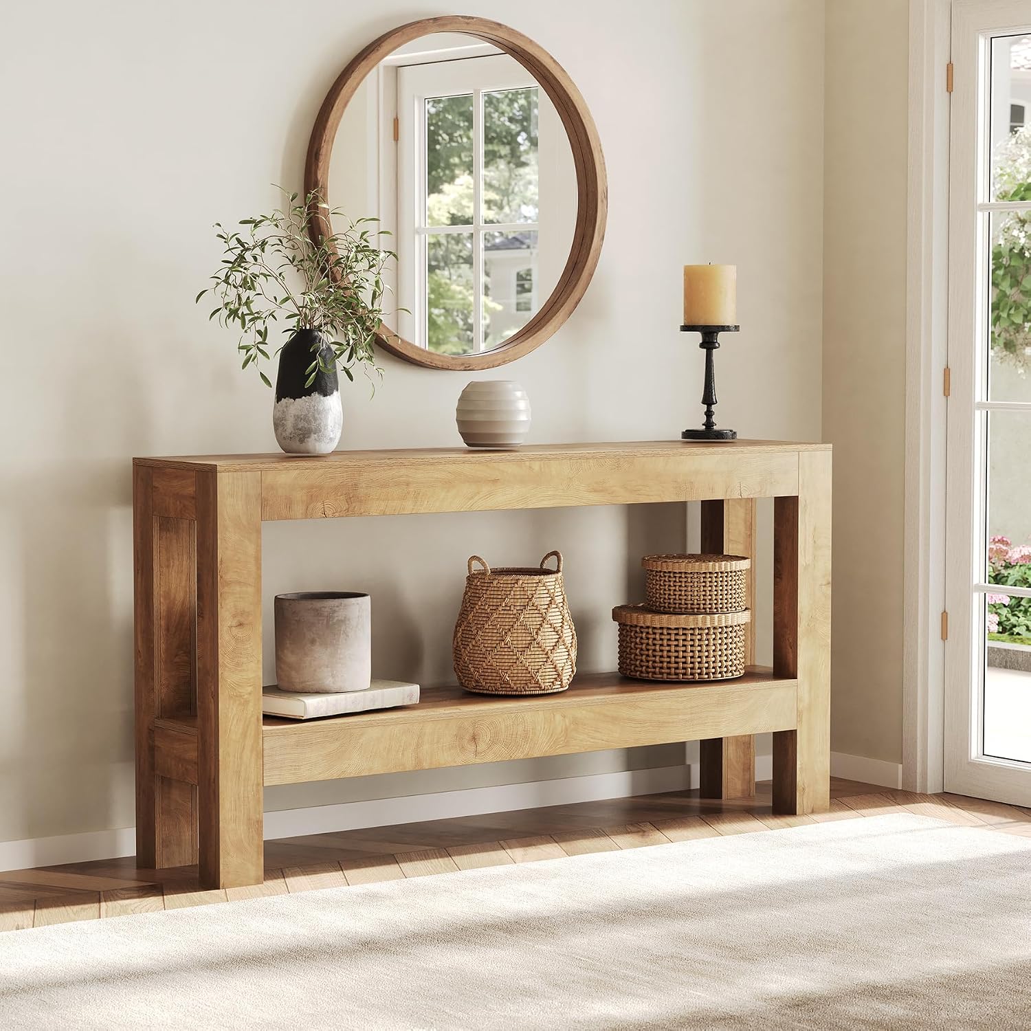LITTLE TREE 63-Inch Long Console Table for Living Room, Farmhouse Wood Entryway Table for Sofa, Entry, Hallway, Entrance, Foyer, Behind Couch with 2-Tier Narrow Shelf, Oak