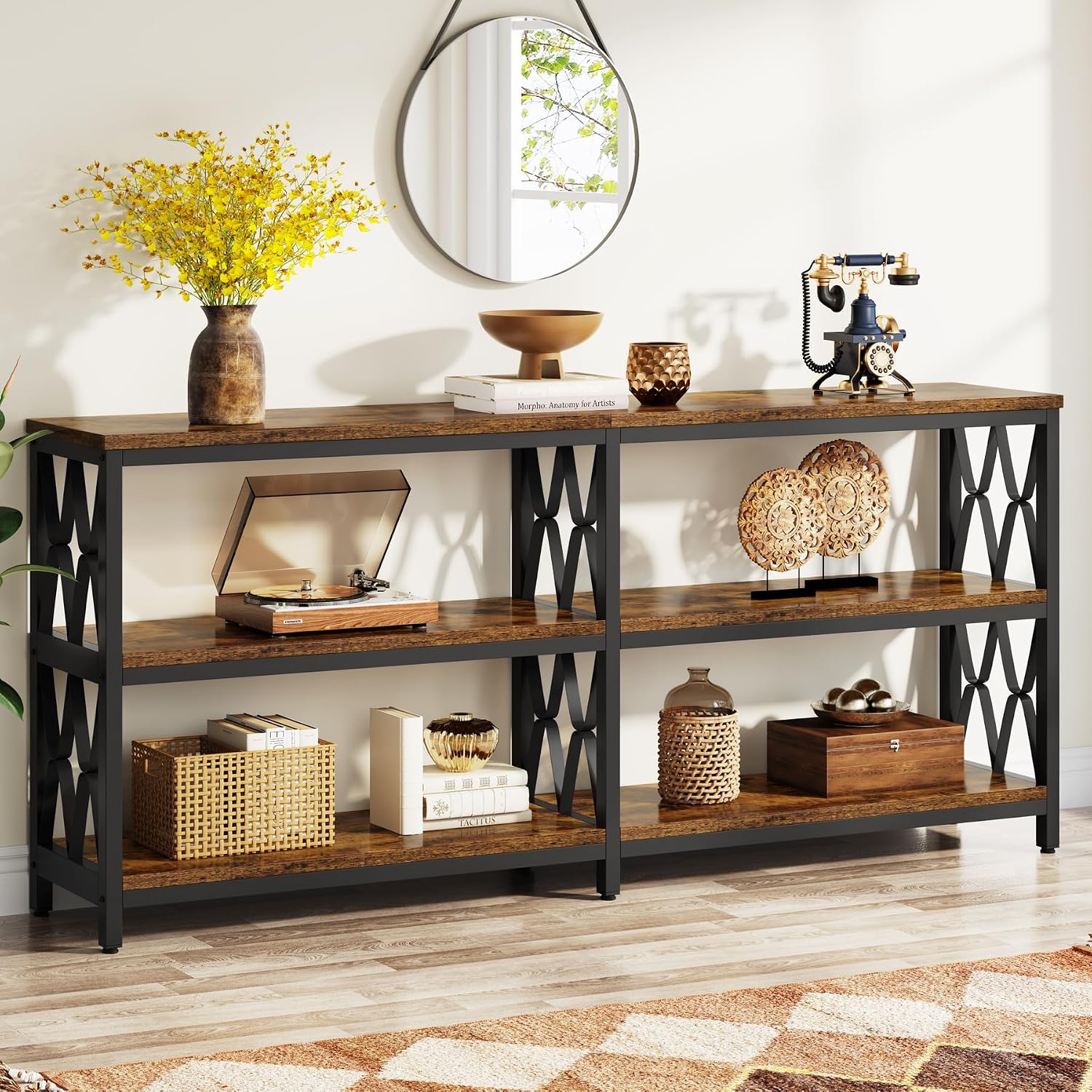LITTLE TREE Console Table with Storage Shelves, 70.9' Industrial 3-Tier Sofa Table for Living Room, Long Foyer Table Entryway Table for Hallway, Front Door, Entrance, Rustic Brown & Black