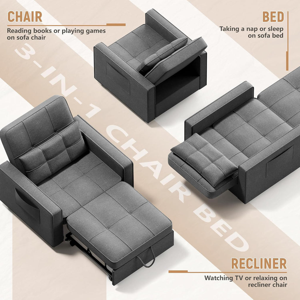 Flamaker Sofa Bed, Sleeper Sofa 3-in-1, Adjustable Couch Bed with Modern Linen Fabric, Convertible Sleeper Chair, Couches for Living Room, Apartment and Small Space (Graphite Gray)