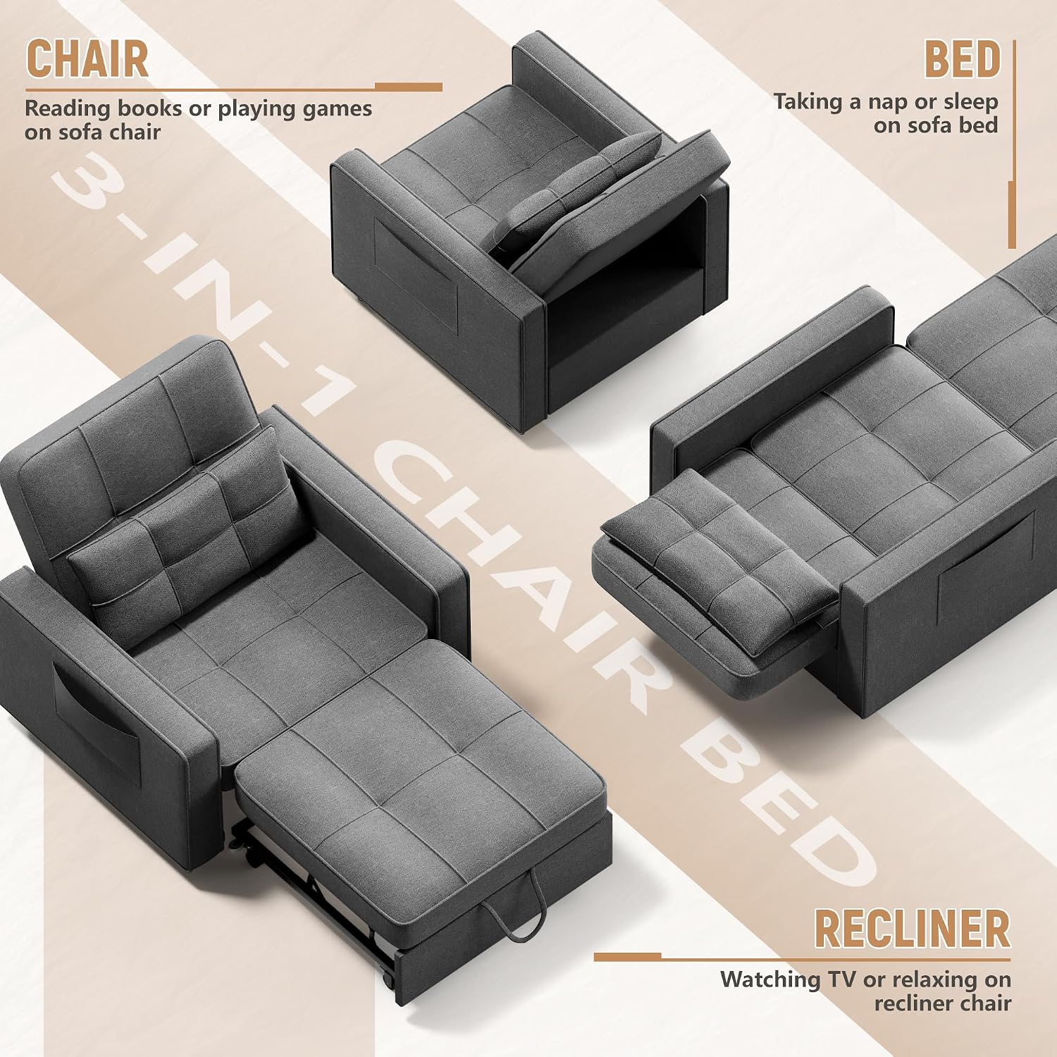 Flamaker Sofa Bed, Sleeper Sofa 3-in-1, Adjustable Couch Bed with Modern Linen Fabric, Convertible Sleeper Chair, Couches for Living Room, Apartment and Small Space (Graphite Gray)