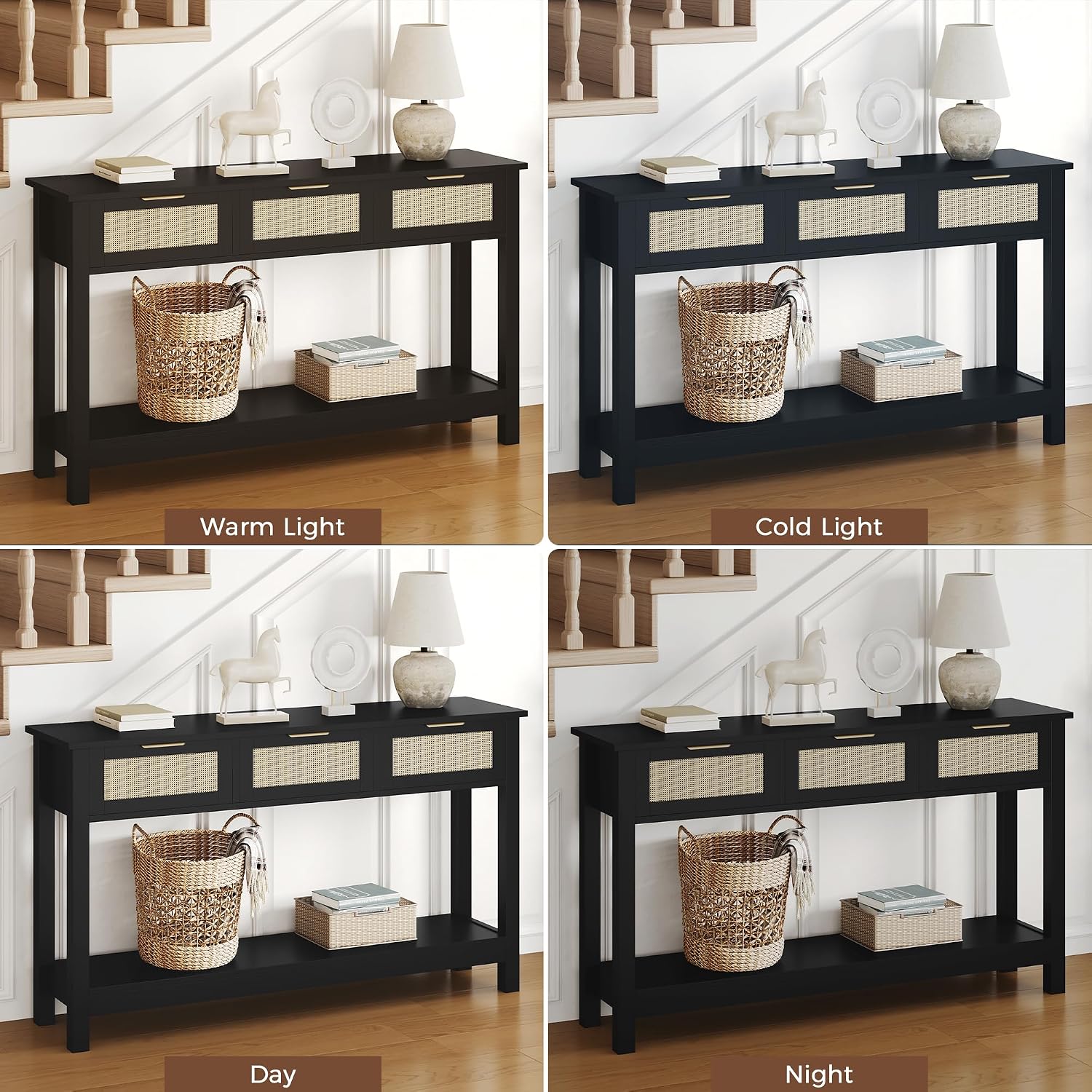Luoxiao Entryway Table, 47' Rattan Console Tables with 3 Drawers, Narrow Hallway Table for Entryway with Storage Shelf, Slim Sofa Table Behind Couch, Modern Black Foyer Entry Way Table, Easy Assembly