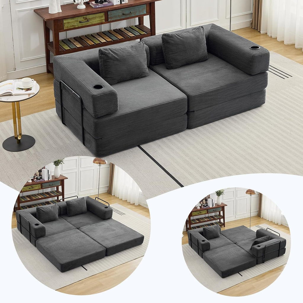 78' Loveseat Sleeper Sofa, 4 in 1 Convertible Floor Sofa Bed, Boneless Cloud Couch with Cup Holder, Fold Out Floor Couch for Living Room Bedroom Lounge, Corduroy, Dark Grey