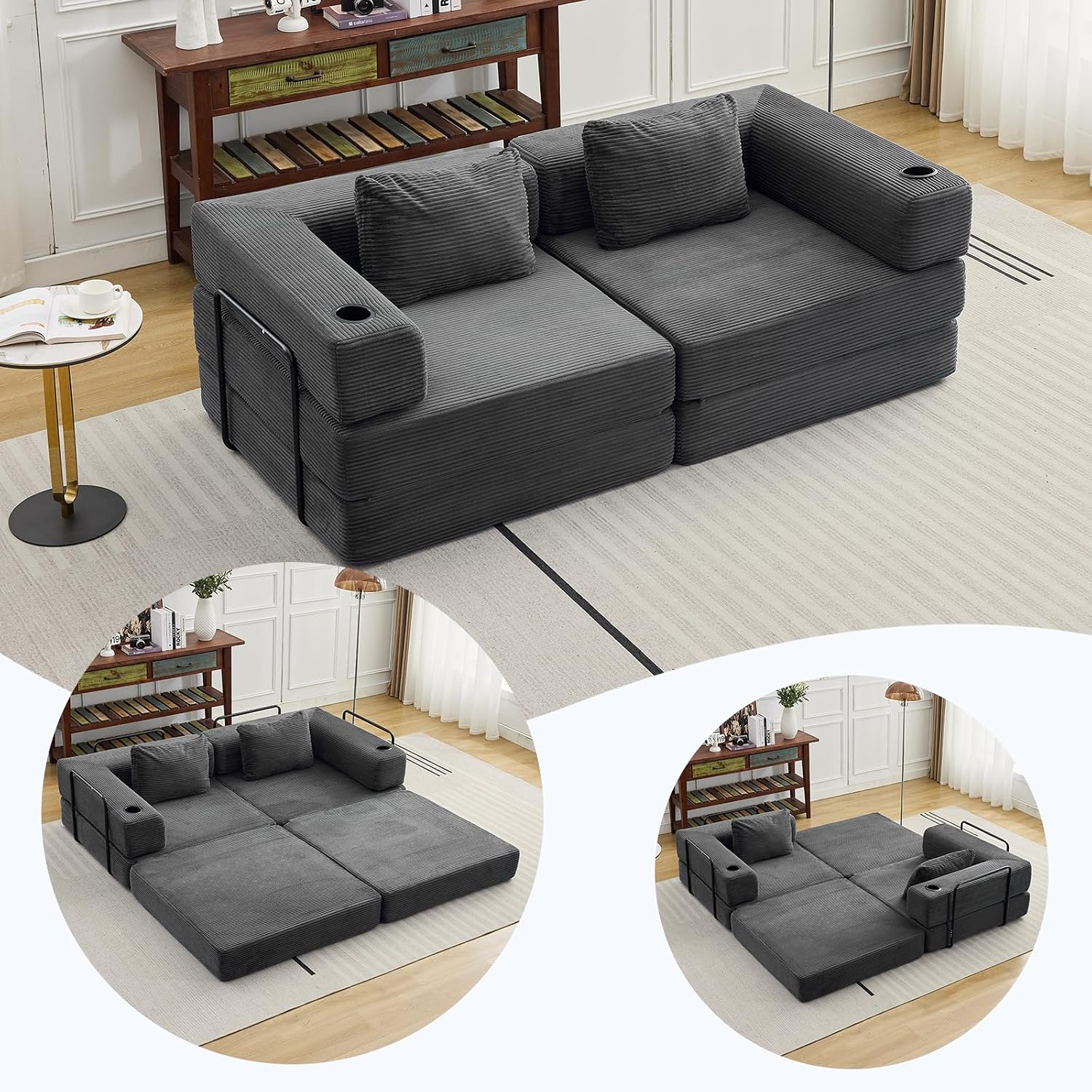 78' Loveseat Sleeper Sofa, 4 in 1 Convertible Floor Sofa Bed, Boneless Cloud Couch with Cup Holder, Fold Out Floor Couch for Living Room Bedroom Lounge, Corduroy, Dark Grey