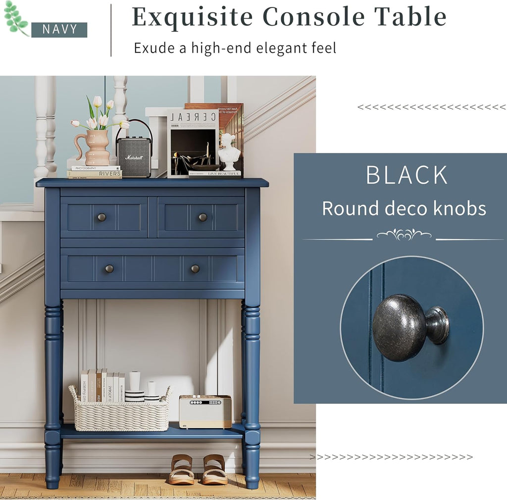 Merax Narrow Console Table, Elegant Slim Entryway Table Sofa Table with Three Storage Drawers and Bottom Shelf for Entryway for Hallway, and Living Room (Navy)