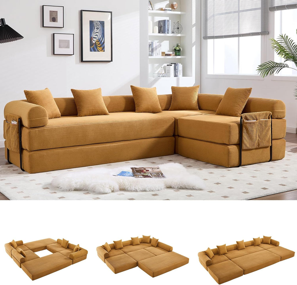 Oversized Modular Cloud Couch for Living Room, Corduroy L-Shaped Sectional Sleeper Sofa Bed with Fixed-Shape Frame, Modern Boneless Couch with Pillows & Storage, Yellow