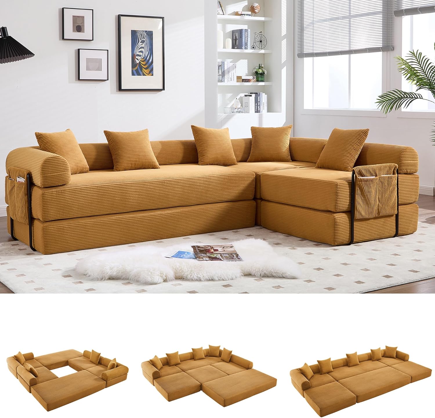 Oversized Modular Cloud Couch for Living Room, Corduroy L-Shaped Sectional Sleeper Sofa Bed with Fixed-Shape Frame, Modern Boneless Couch with Pillows & Storage, Yellow