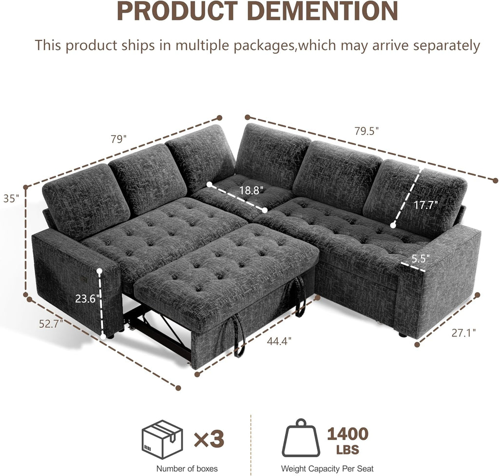 Sunny Heart Modular Sectional Sleeper Sofa with Pull Out Bed, Chenille L Shaped Sectional Sofa with USB Ports/Adjustable Backrest/Storage Seats, Tool-Free Assembly, Couches for Living Room Dark Grey
