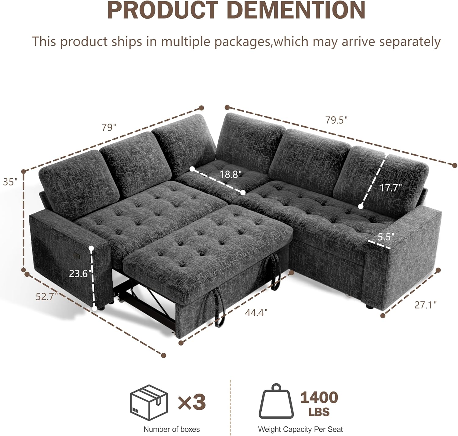Sunny Heart Modular Sectional Sleeper Sofa with Pull Out Bed, Chenille L Shaped Sectional Sofa with USB Ports/Adjustable Backrest/Storage Seats, Tool-Free Assembly, Couches for Living Room Dark Grey