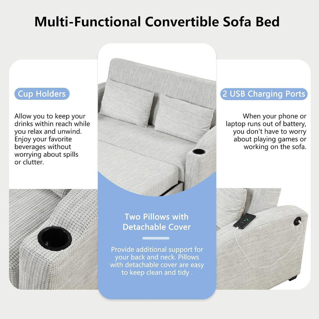 Merax 61.6' Pull Out Sleeper Sofa Bed, Modern Chenille Convertible Loveseat Sofa with Adjsutable Backrest, 2 Pillows, Cup Holders, USB Ports for Living Room, Apartment, White+Gray