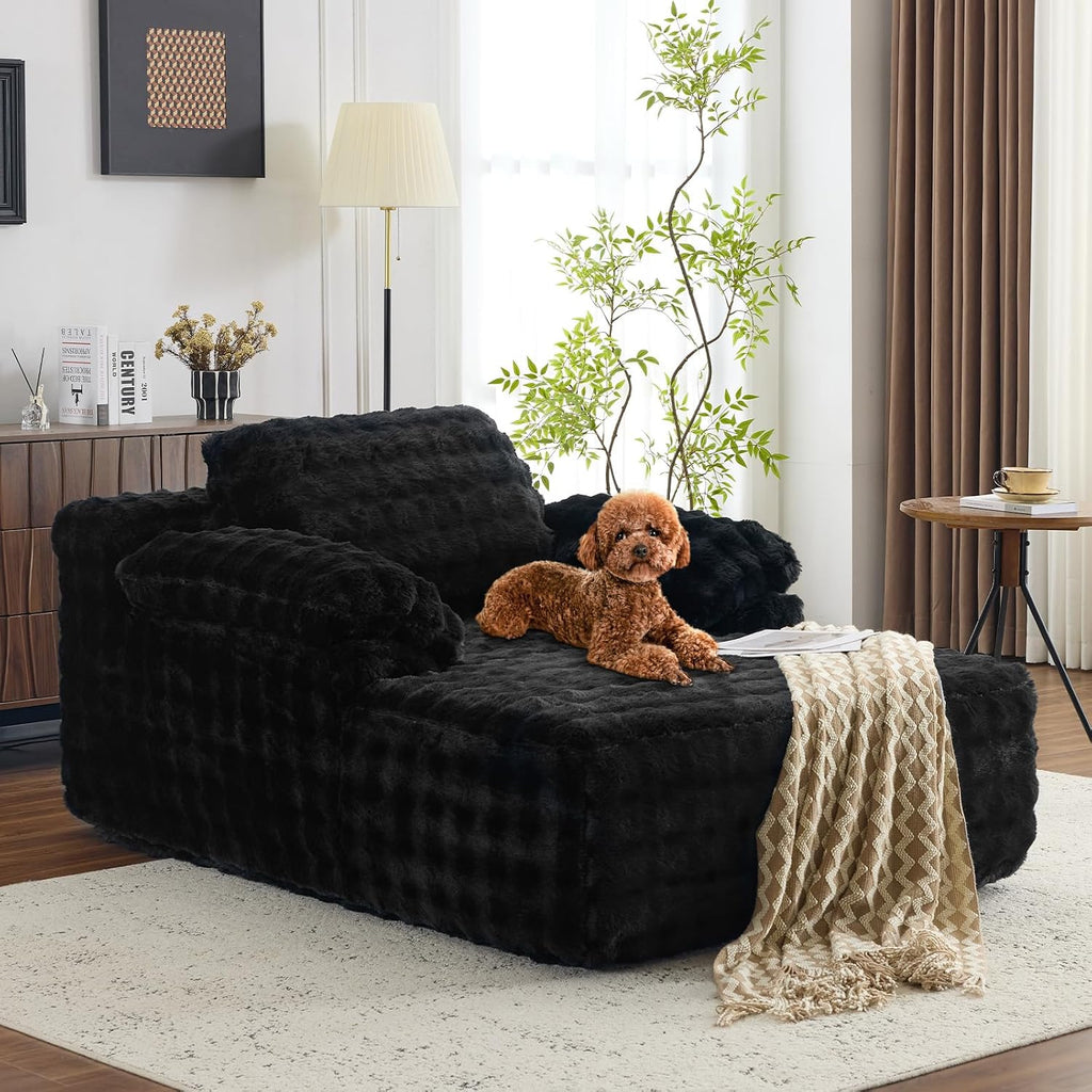 VINGLI Chaise Lounge Chair, Black Boneless Couch Oversized Reading Chair Upholstered Bubble Fleece Cloud Couch Sofa Recliner Bed Comfy Sleeper Couches for Living Room, Movie Room, Bedroom