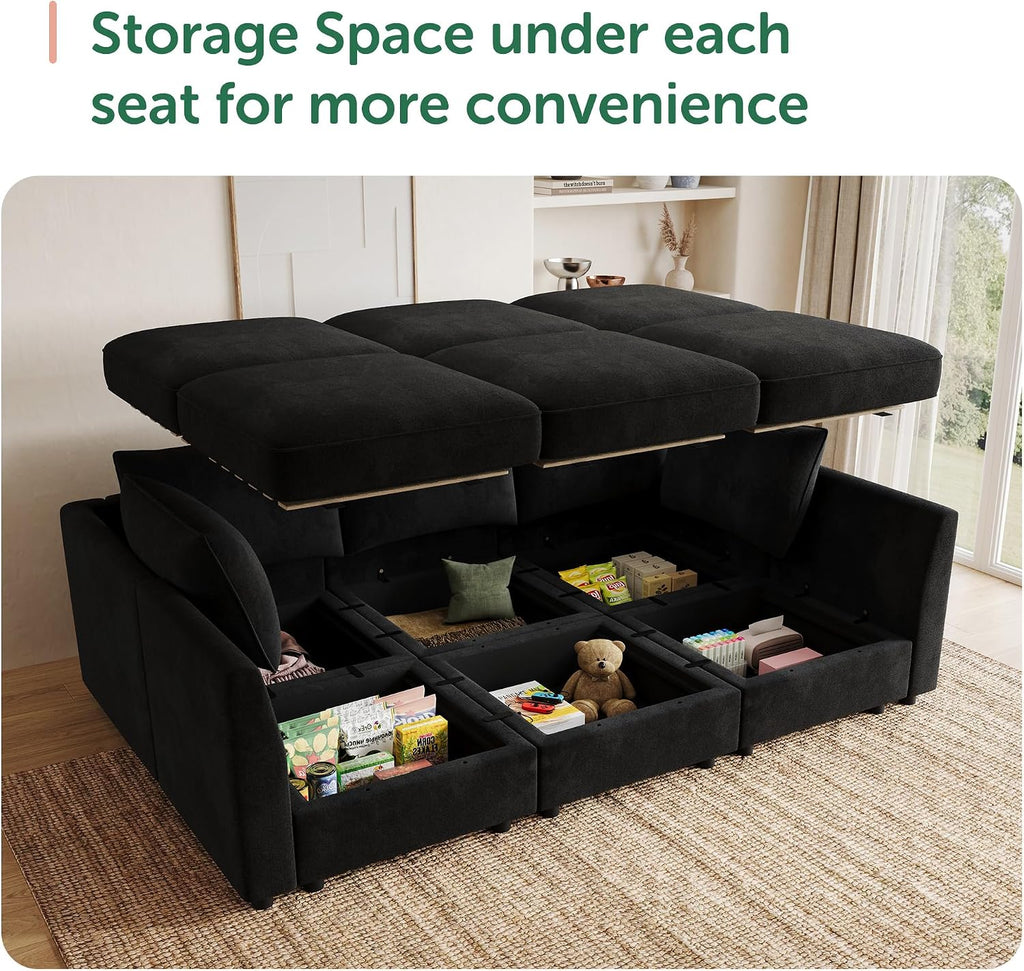 HONBAY Modular Sectional Couch Velvet Sleeper Sofa with Storage Seat Sectional Couches for Living Room,Black