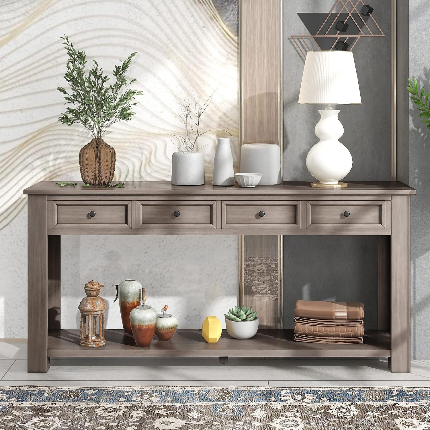 LKTART Solid Wood Console Table,Long Sofa Table Entryway Table with 4 Drawers and Bottom Shelf for Hallway Living Room Couch Table,Easy Assembled (63' Gray Wash)