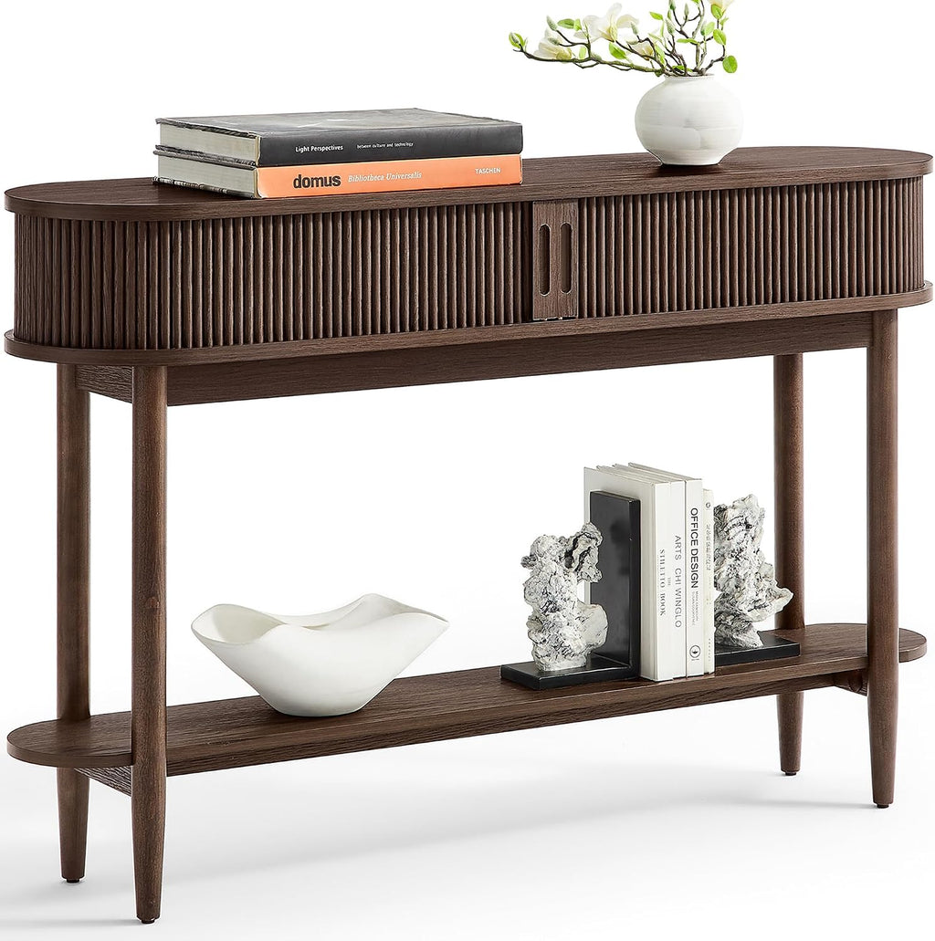 LINSY Fluted Console Table with Storage, Entryway Table Wood Entrance Tables for Front Door, Behind Couch Sofa Table with Shelves, Foyer Tables for Hallways, Living Room Vintage Furniture, Walnut