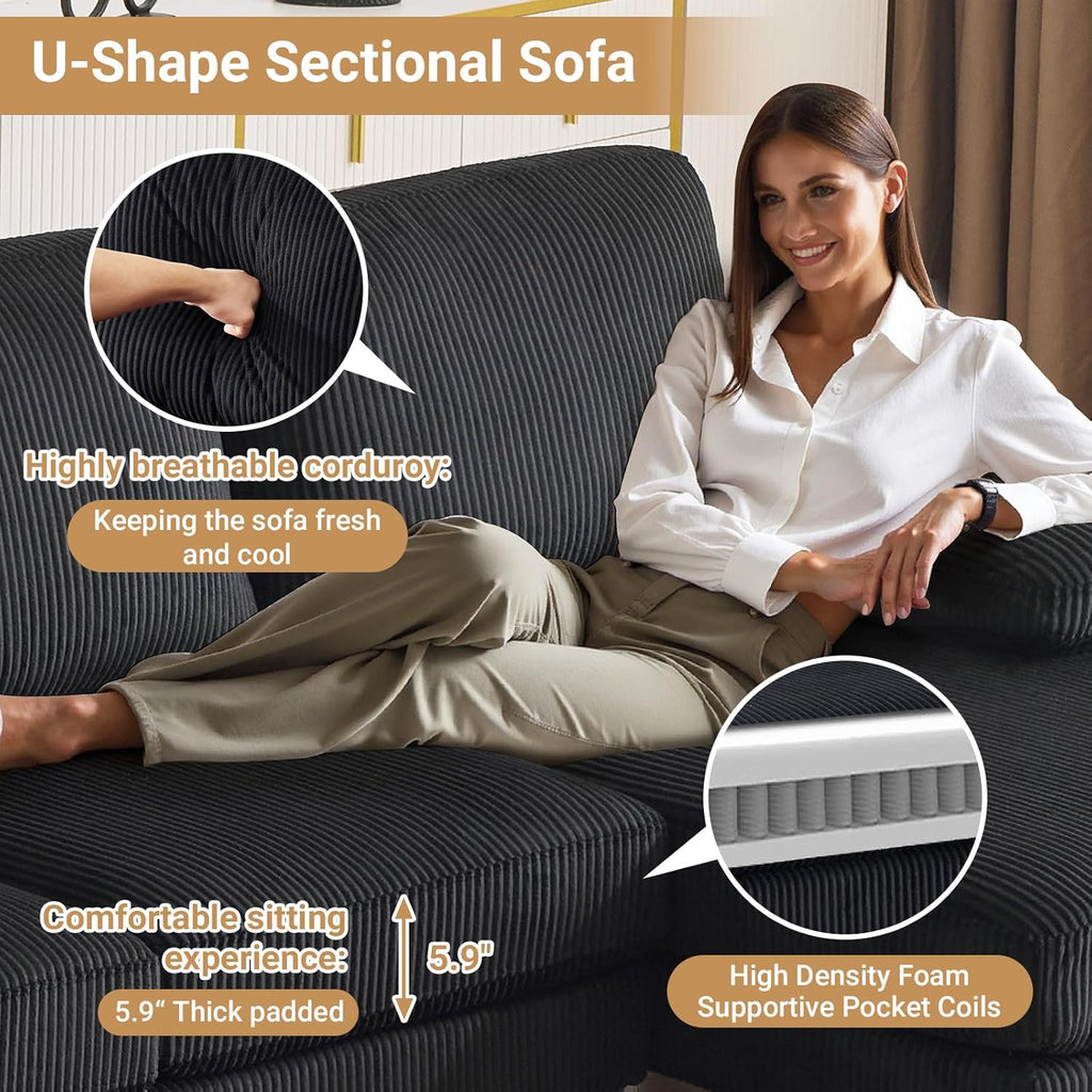 VINGLI 110' Sectional Couches for Living Room,U Shaped Couch with Double Chaise, 4-Seat Sofa Set with Corduroy Fabric for Home Furniture,Black
