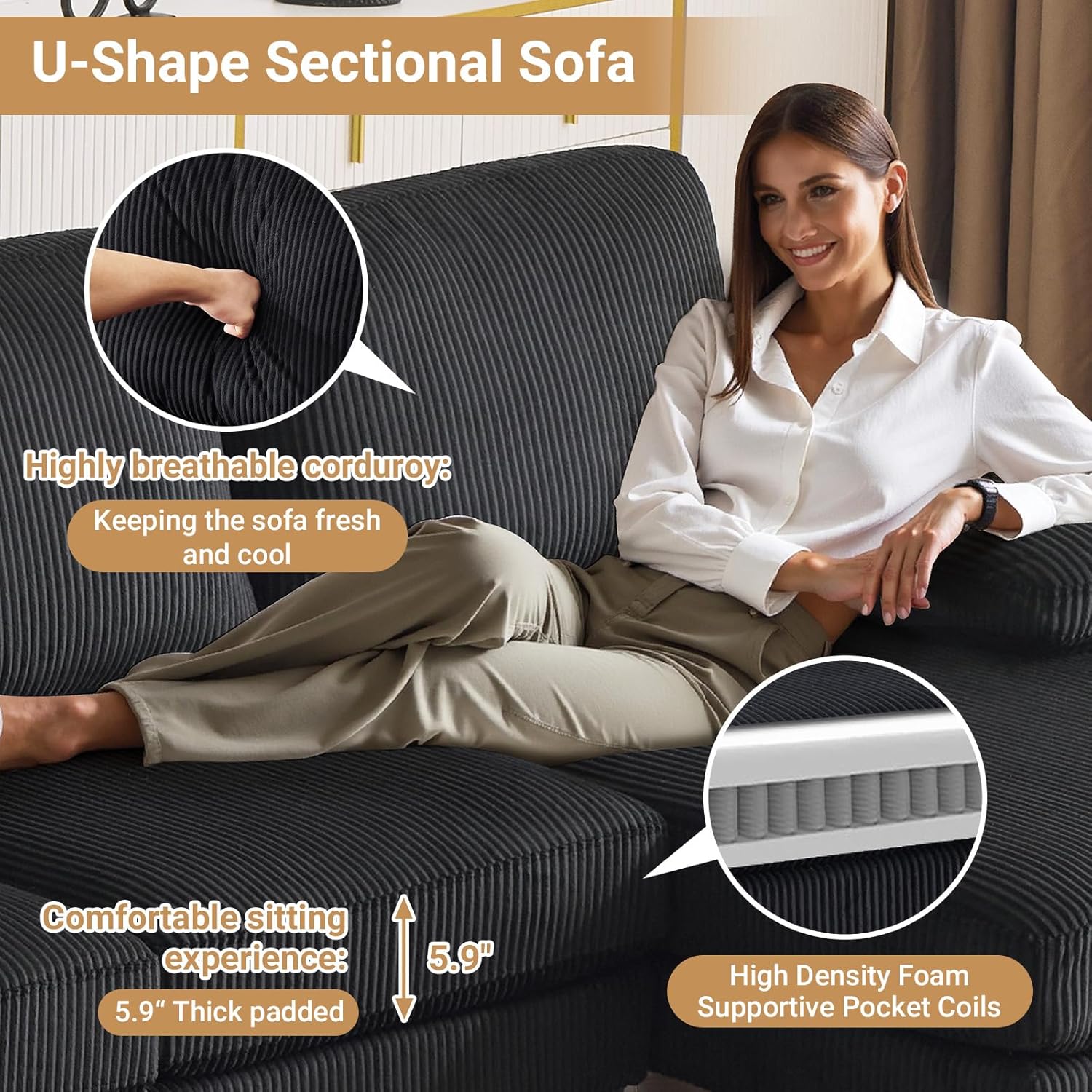 VINGLI 110' Sectional Couches for Living Room,U Shaped Couch with Double Chaise, 4-Seat Sofa Set with Corduroy Fabric for Home Furniture,Black