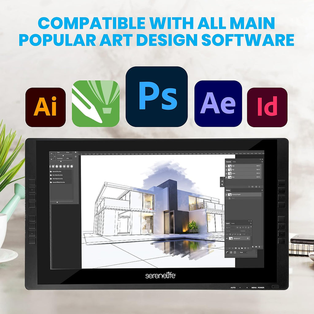 SereneLife Graphic Tablet with Active Pen - 22' Full-Laminated Technology Art Monitor w/ 8192 Pressure Levels Wireless Stylus - Digital Drawing, Online Teaching, Design - for MAC, Windows OS