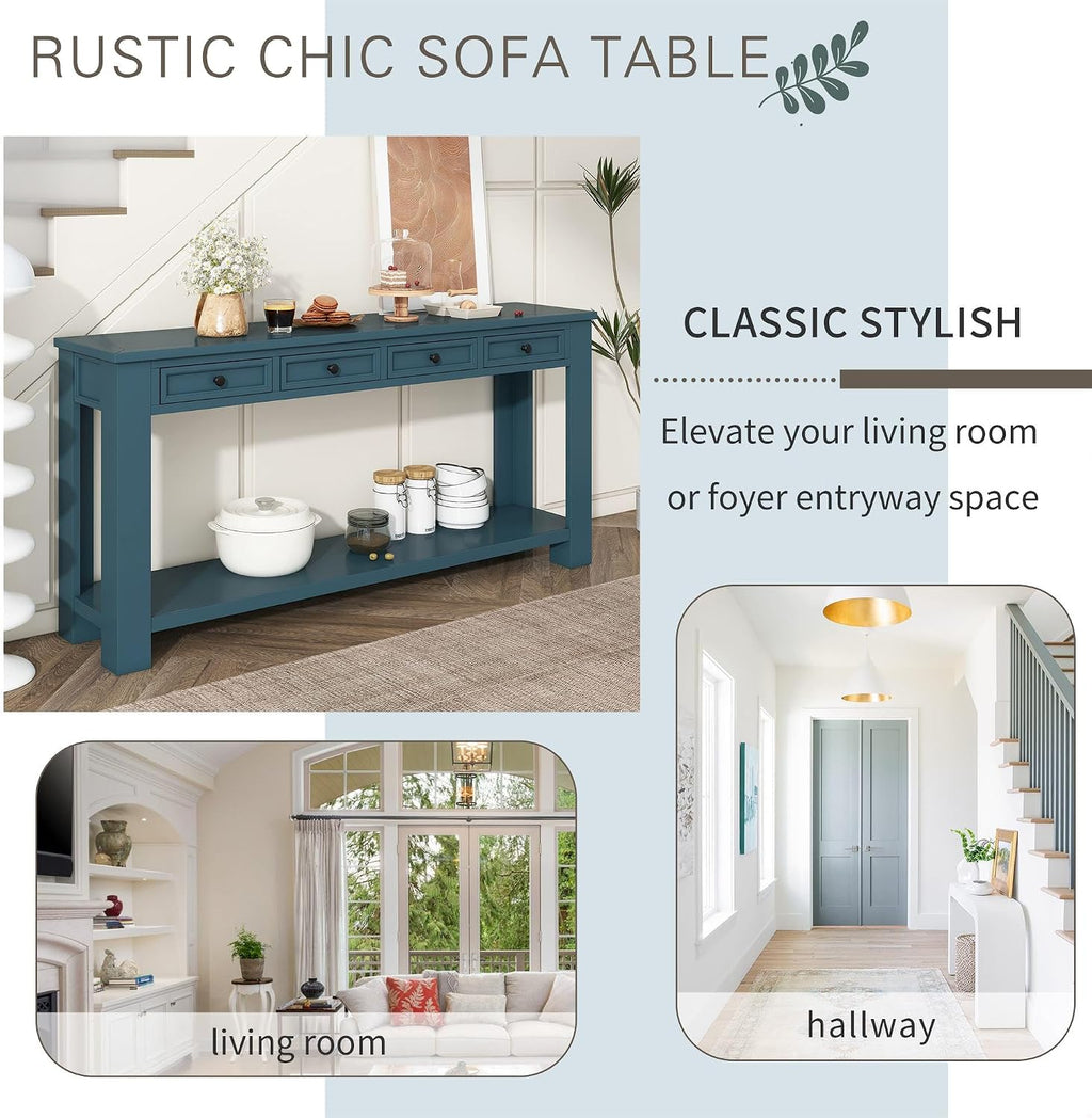 GDFStudio Farmhouse Console Table with 4 Drawer 63' Long Rustic Entryway Table with Open Storage Shelves Vintage Metal Handle Narrow Foyer Sofa Tables for Living Room Entryway Hallway, Dark Blue