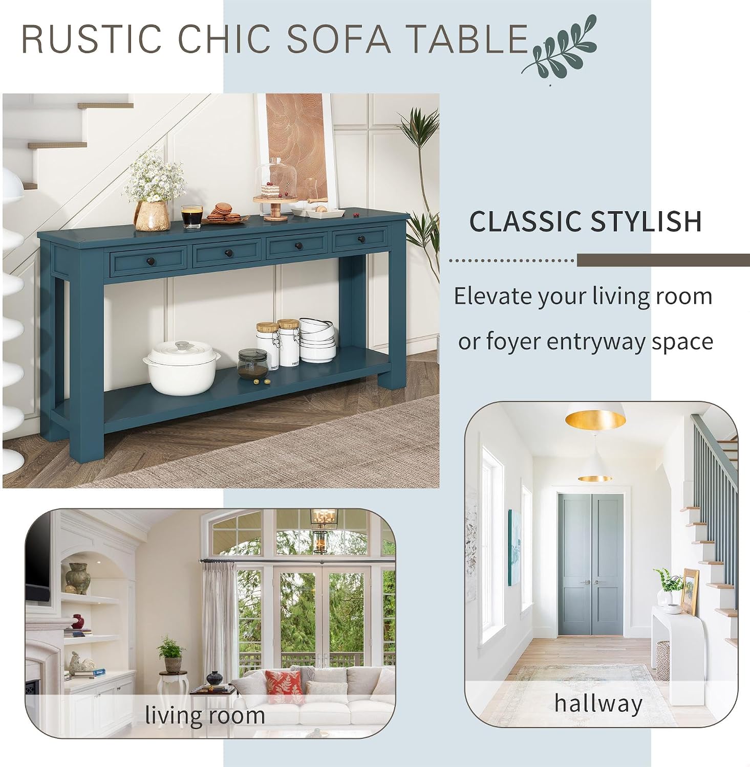 GDFStudio Farmhouse Console Table with 4 Drawer 63' Long Rustic Entryway Table with Open Storage Shelves Vintage Metal Handle Narrow Foyer Sofa Tables for Living Room Entryway Hallway, Dark Blue