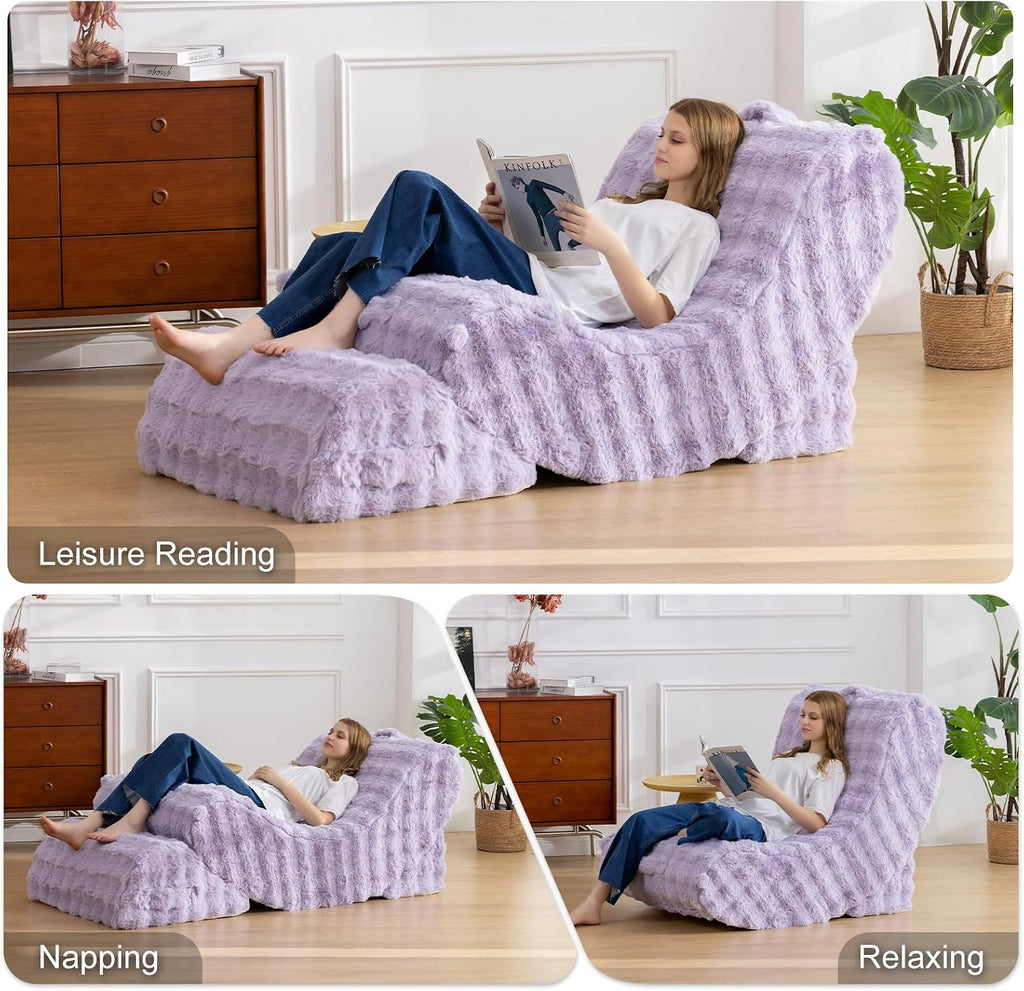 3-in-1 Adjustable Zero Gravity Floor Chair, Oversized Faux Fur Boneless Chair for Adults with Memory Foam & Washable Cover, Silent Rocker Recliner Lounge Chair for Reading, Nursing, Gaming, Purple