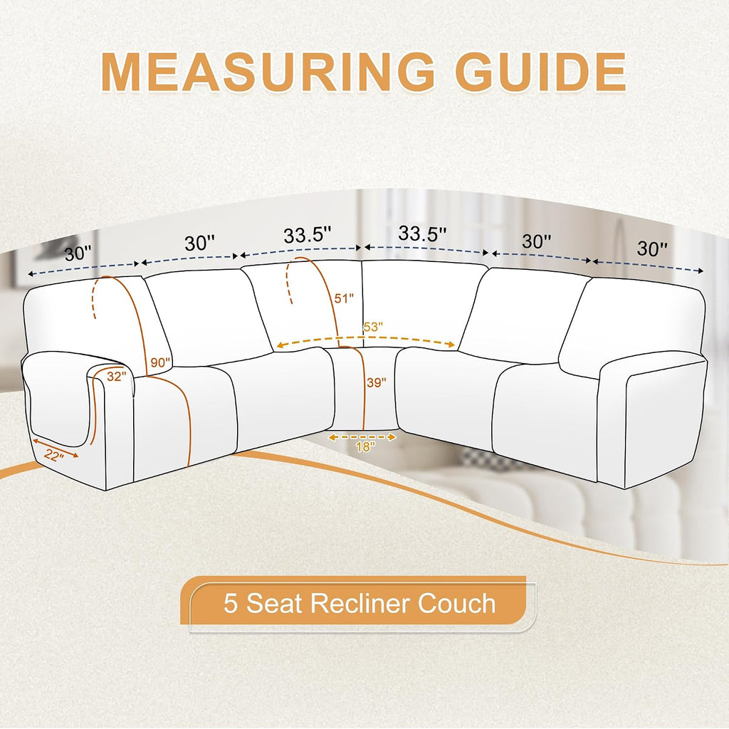 HDCAXKJ 100% Waterproof Reclining Sectional Couch Covers L Shape Recliner Sofa Cover Washable Quilted Soft Pet Dog Corner Recliner Slipcovers with Pockets (XXL 5 Seat Recliner Couch, Light Beige)