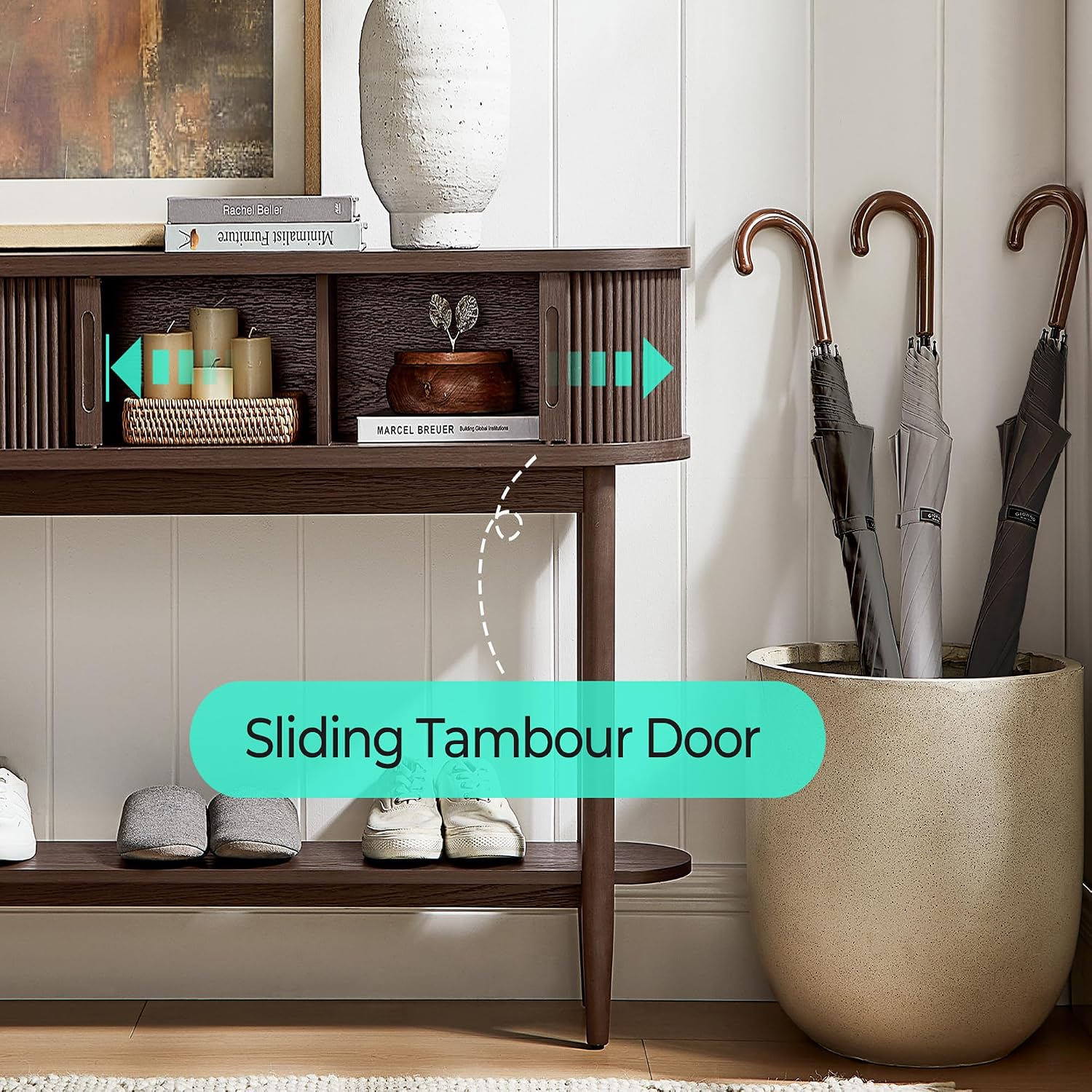 LINSY Fluted Console Table with Storage, Entryway Table Wood Entrance Tables for Front Door, Behind Couch Sofa Table with Shelves, Foyer Tables for Hallways, Living Room Vintage Furniture, Walnut