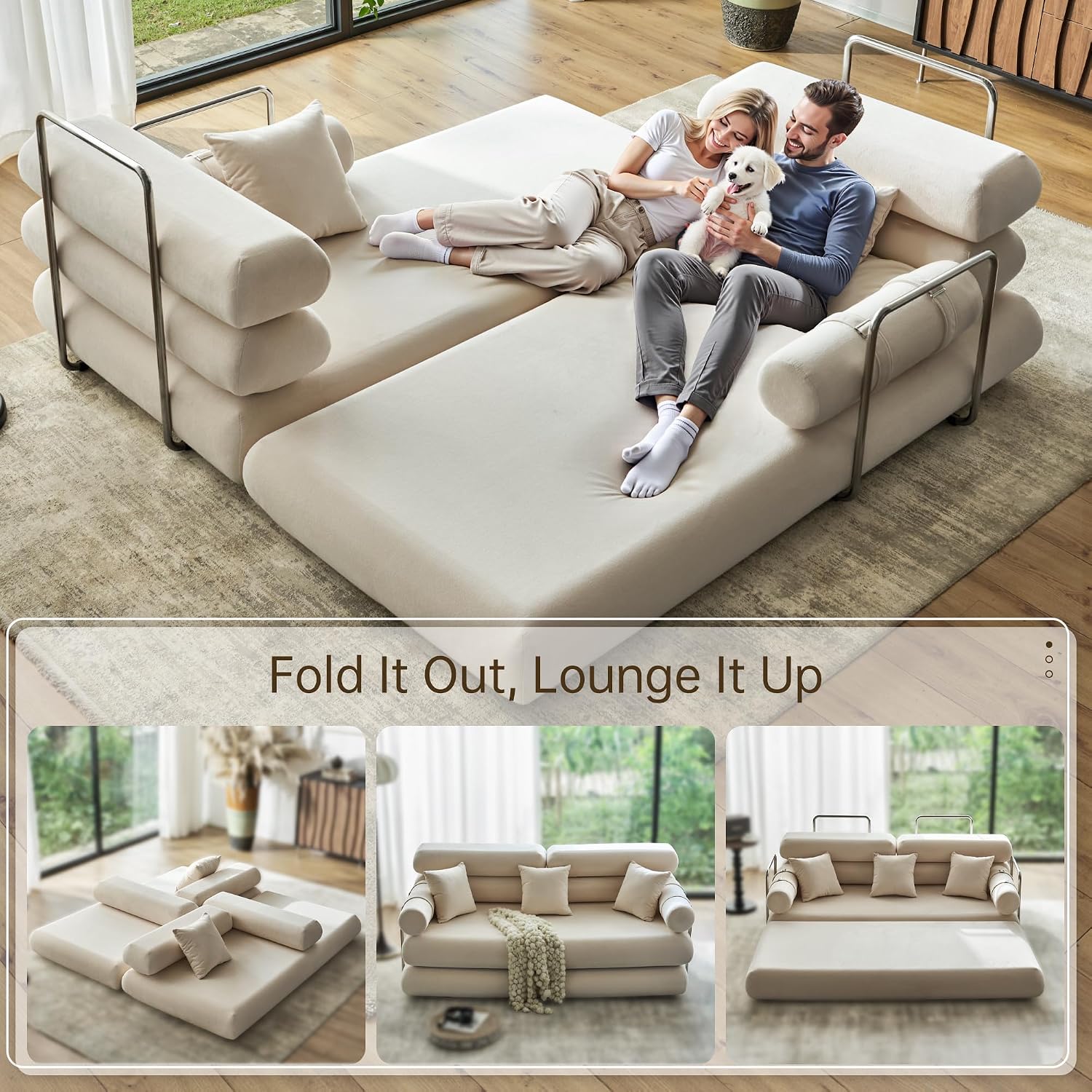 YINIX Convertible Sleeper Sofa - 35'' High-Back Floor Couch Bed - Folding Sofa Bed with Rounded Arm Supports - Floor Sofa Lounge Sofa Bed for Living Room - Beige