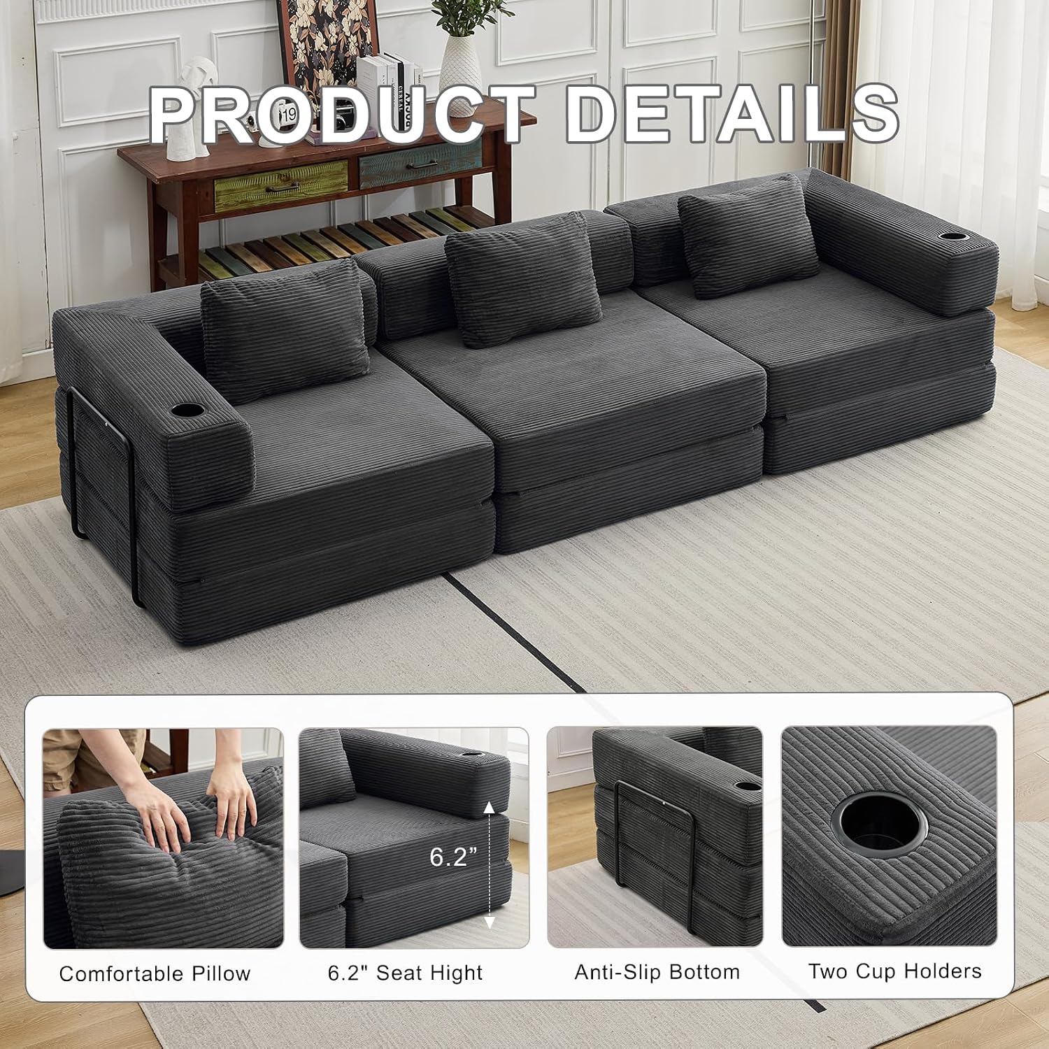 118' Oversized Convertible Floor Sofa Bed, Boneless Foldable Mattress Cloud Couch with Pillow Back & Armrest, Fold Out Floor Couch with Cup Holder for Living Room Bedroom Lounge, Corduroy, Dark Grey