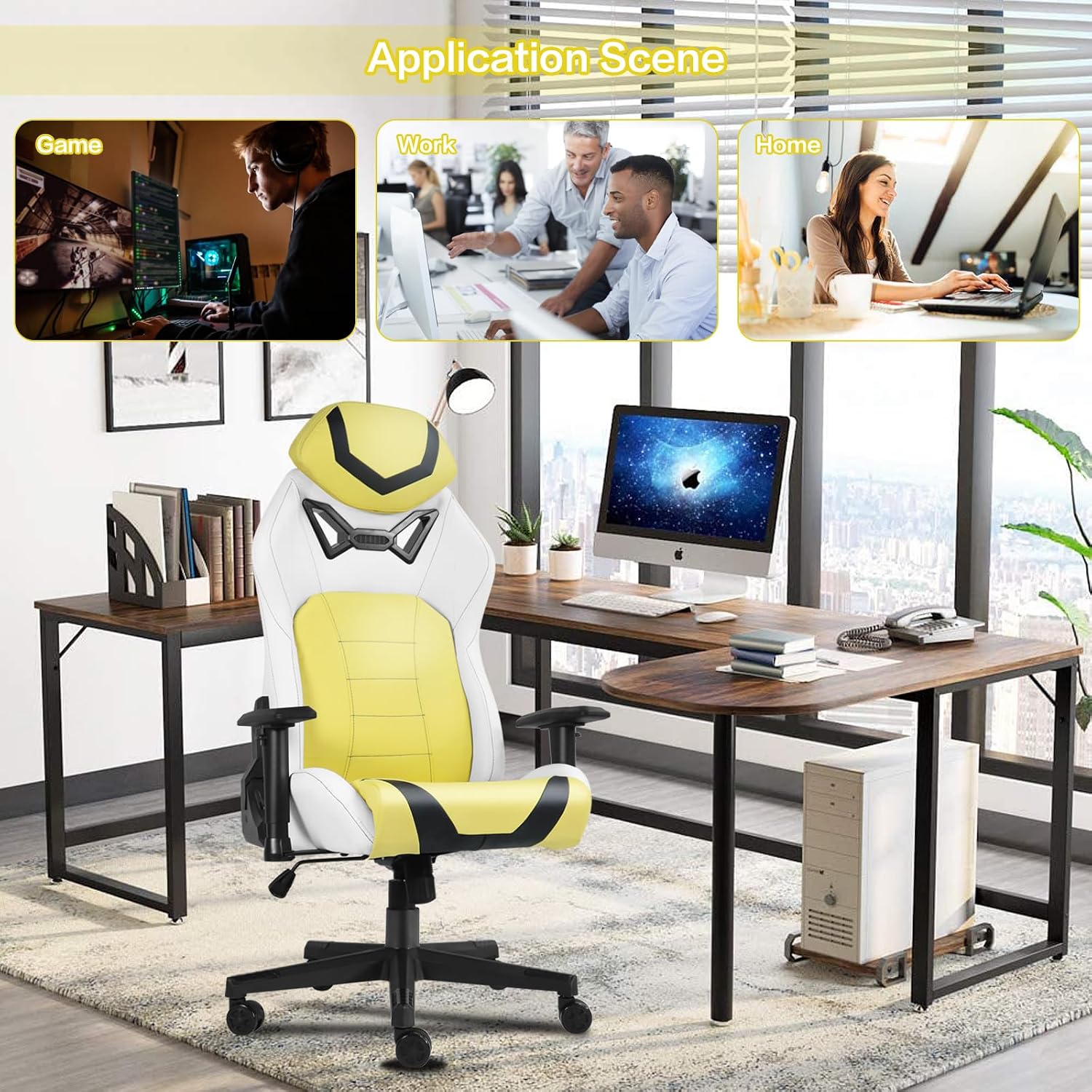 Modern-Depo Ergonomic Gaming Chairs for Adults with High-Density Memory Foam | Swivel Comfortable Office Chair, Big and Tall Video Game Chair, High Back Computer Chair for Home, Office, Yellow White