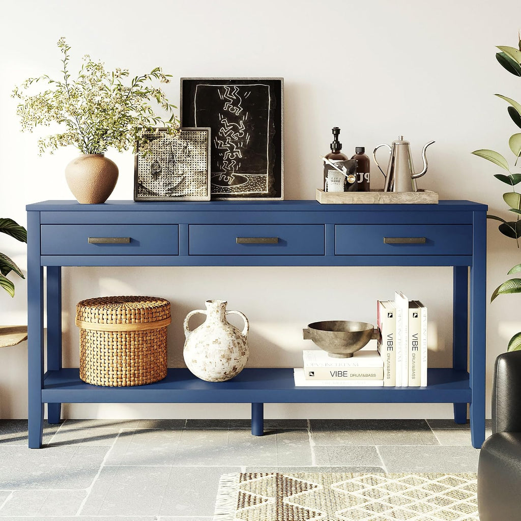 Merax Entryway Console Table, with 3 Storage Drawers, Bottom Shelf Design/Wood Frame/Behind Couch & Sofa, Blue
