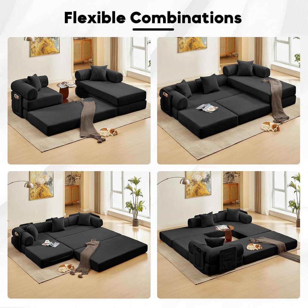 Modular L Shaped Sofa Bed with Cylindrical Pillow & Reversible Chaise, Corduroy Convertible Floor Boneless Sofa Couch Bed with Fixed-Shape Frame & Storage Pocket for Living Room, Black