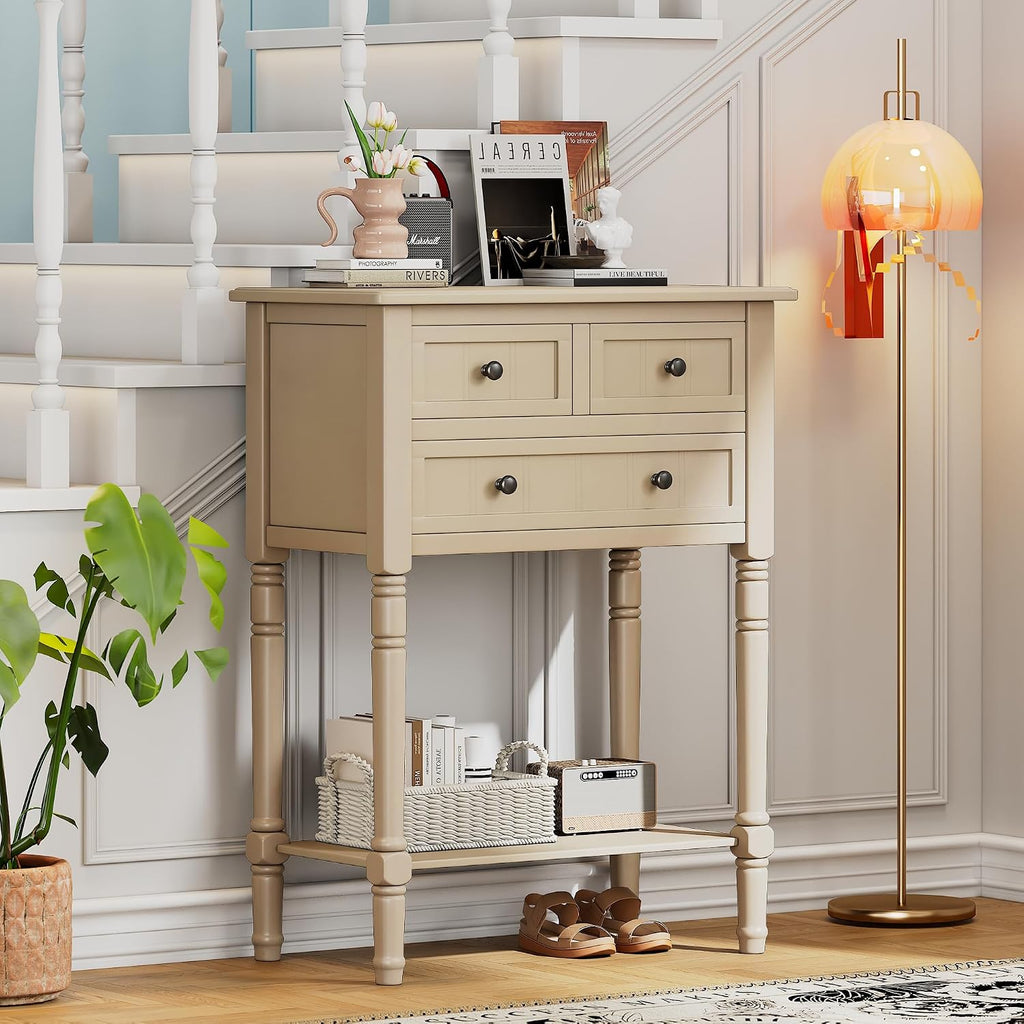 Merax Slim Console Table, Elegant Entryway Table with Three Storage Drawers and Bottom Shelf for Hallway and Living Room (Beige)