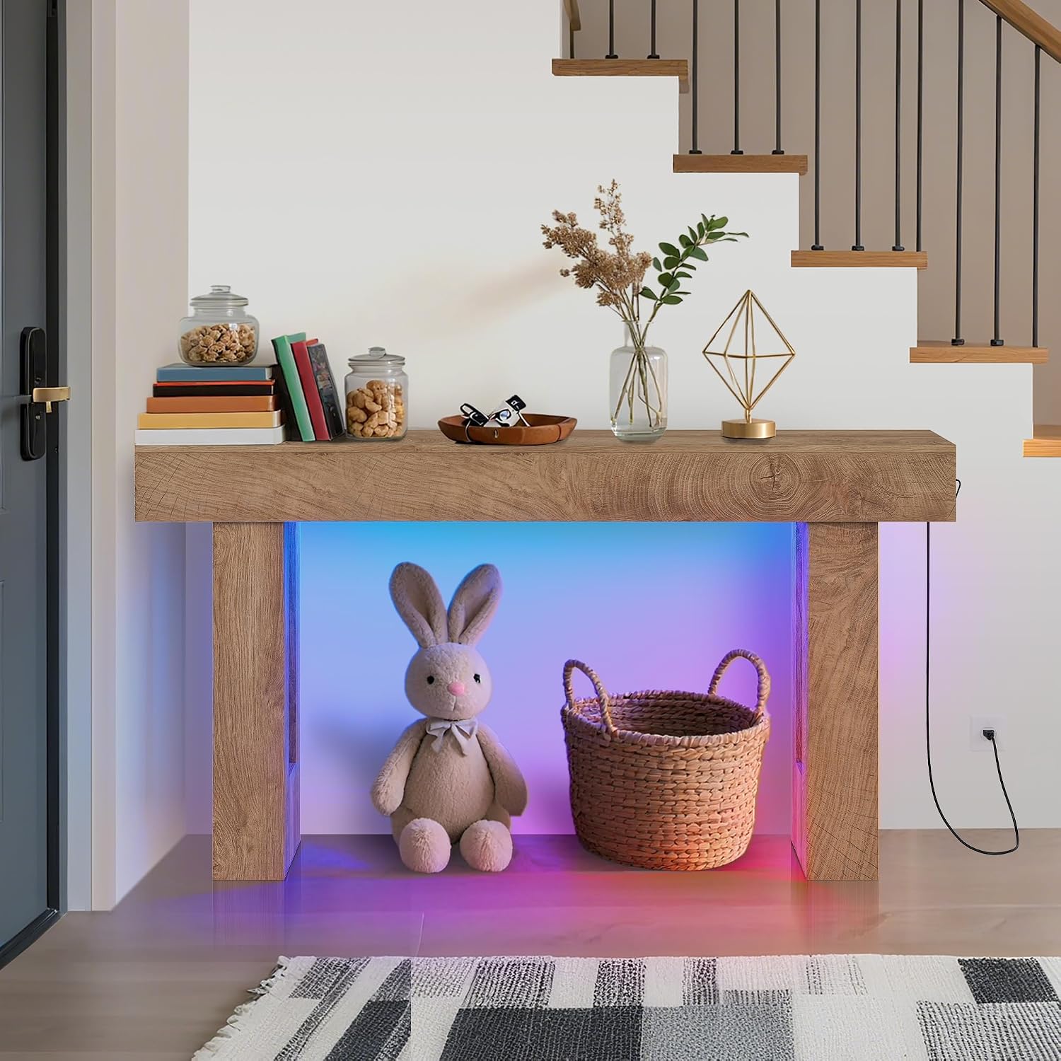 63-Inch Long Console Table with Colorful LED Lights, Wooden Rectangular Sofa Table with Charging Station & 6-Color Multi-Functional Light, Accent Tables for Hallway, Entrance, Foyer