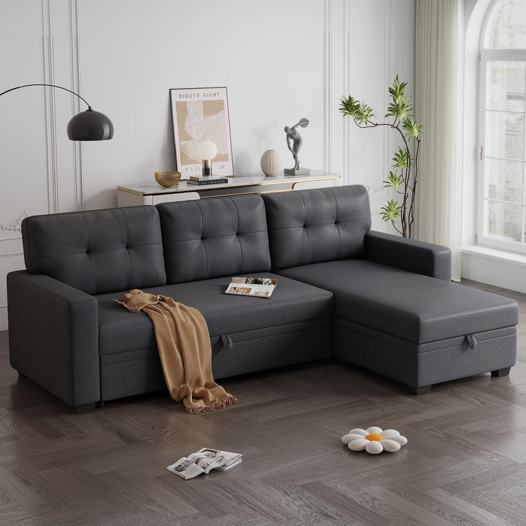 82' L-Shape Convertible Sleeper Sectional Sofa with Storage Chaise and Pull-Out Bed,Modular Corner Couch Lounge,w/Removable 3 Back Cushions and Armrest,for Home Furniture,Dark Gray